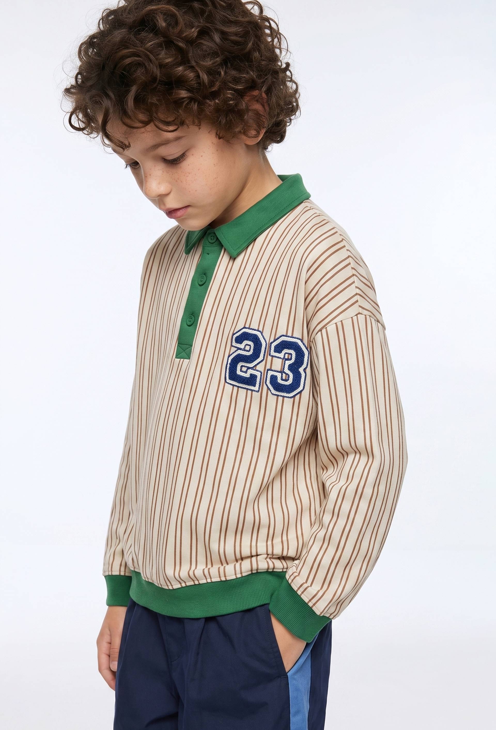 Sweat col polo ray&eacute; en coton BIO GOTS, Vert, large image number 0.0