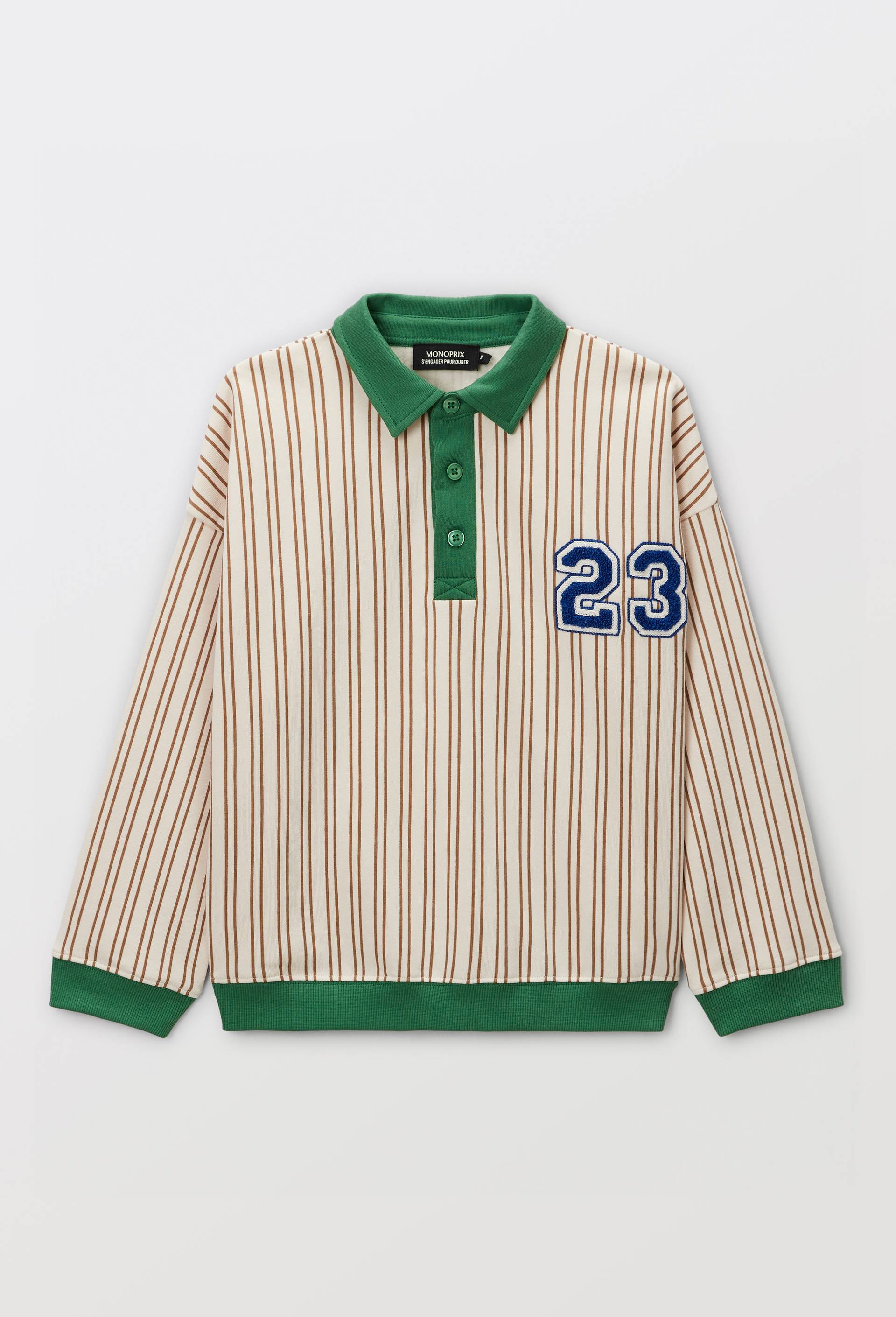 Sweat col polo ray&eacute; en coton BIO GOTS, Vert, large image number 1.0