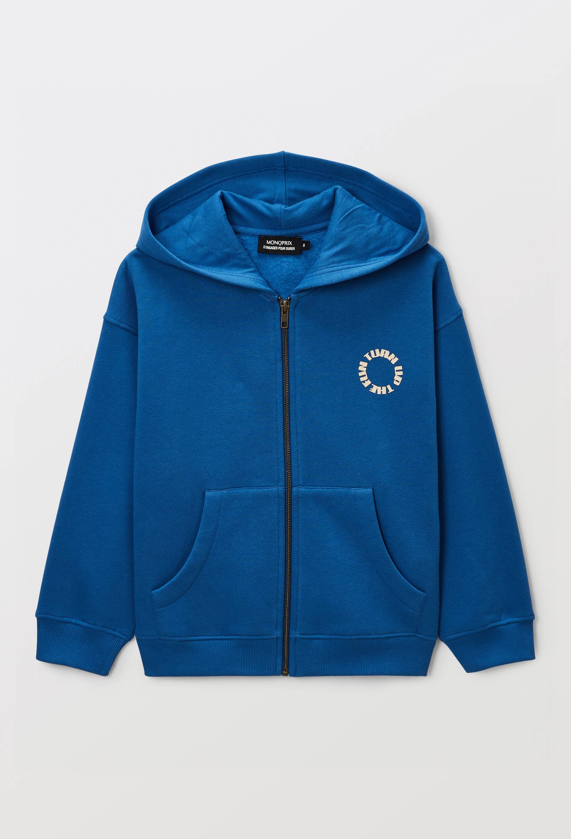 Sweat zipp&eacute; &agrave; capuche imprim&eacute; en coton BIO GOTS, Bleu, large image number 1