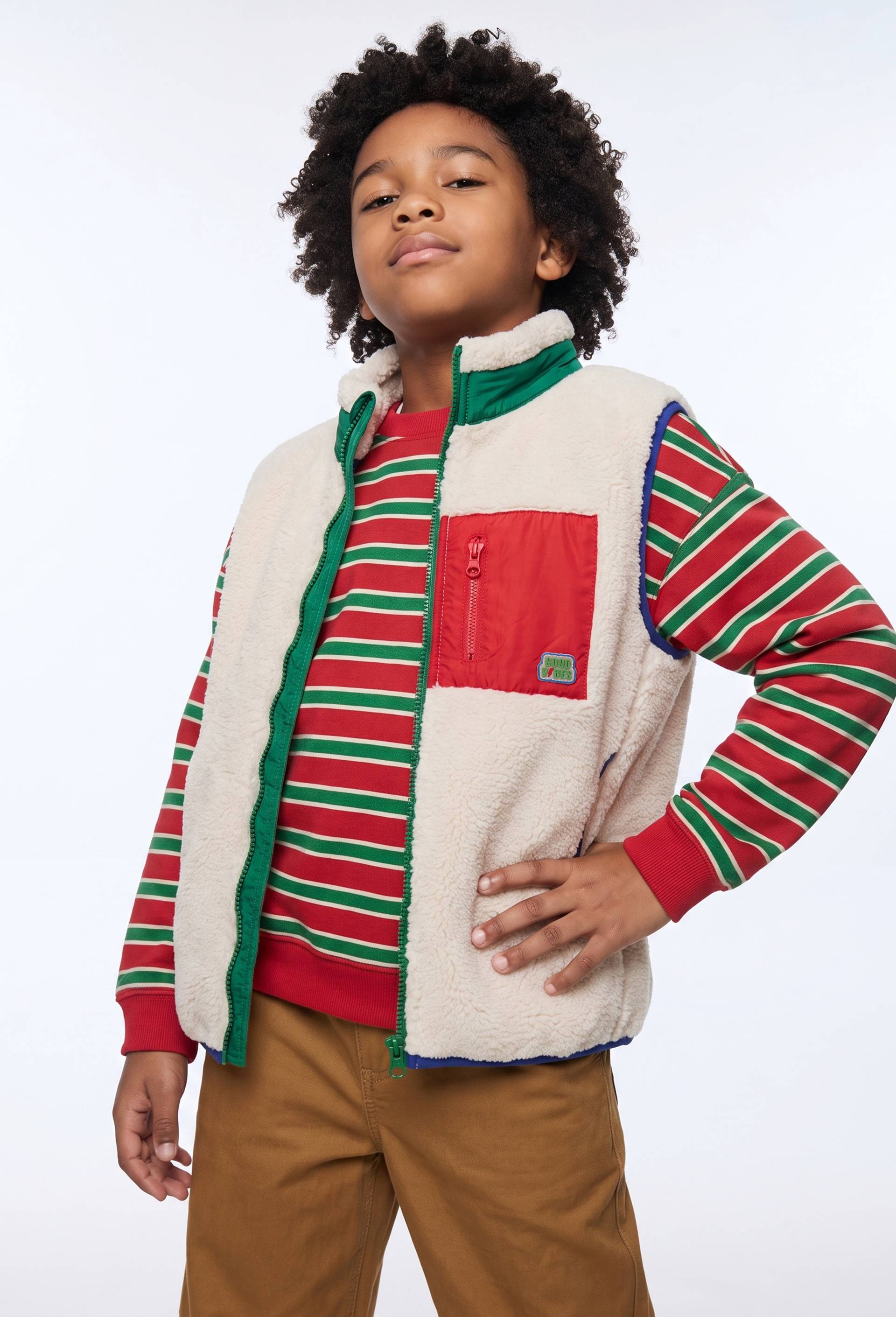 Veste sans manches sherpa, sweat ray&eacute; et pantalon droit &eacute;lastiqu&eacute; beige enfant, , large