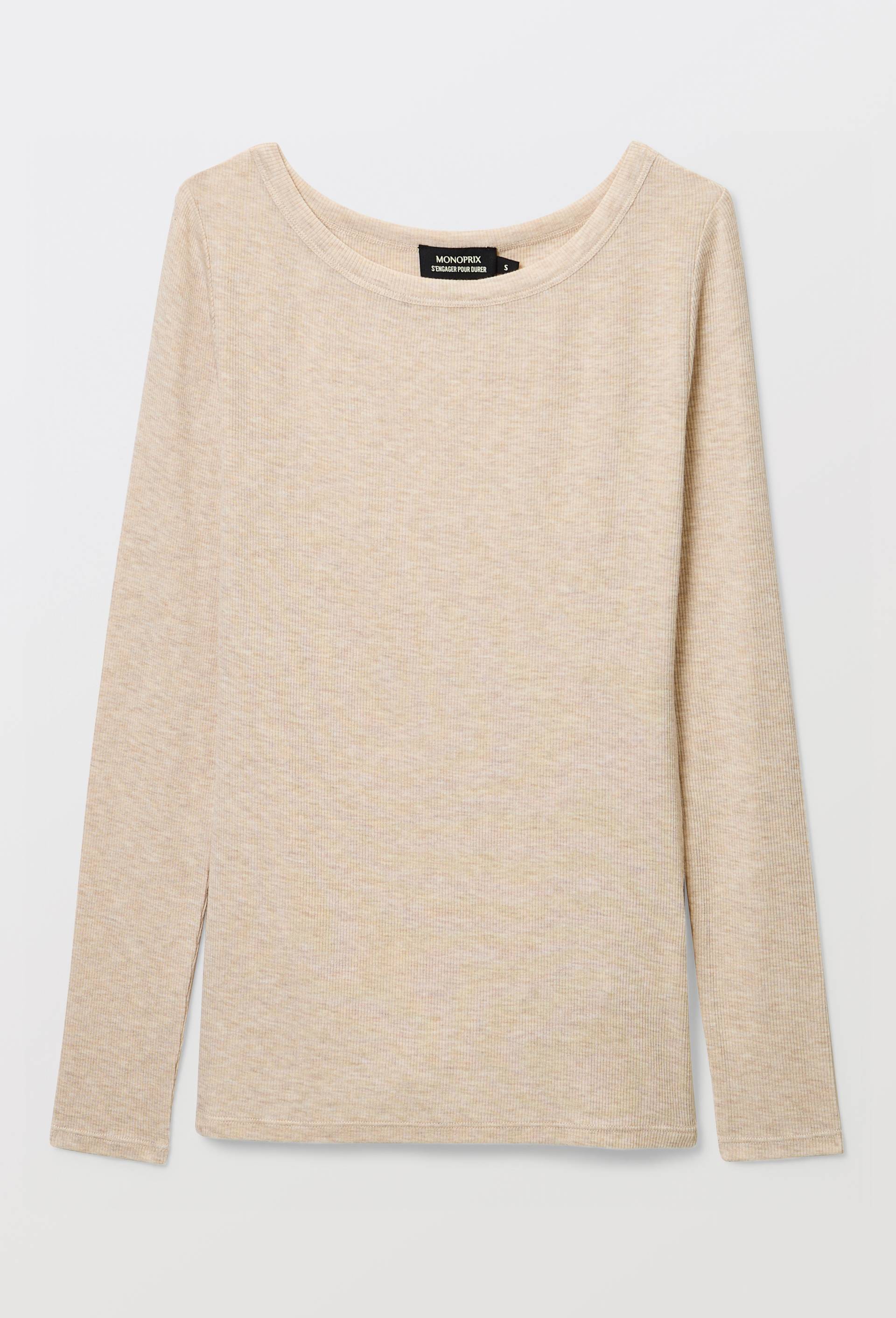 T-shirt manches longues c&ocirc;te fine contenant du cachemire, Beige, large image number 2.0