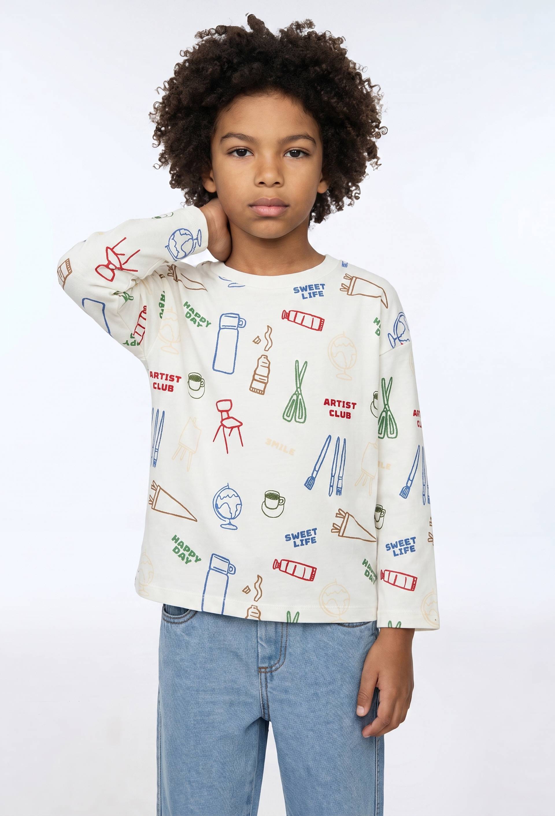 T-Shirt manches longues imprim&eacute; en coton BIO GOTS, Beige clair, large image number 0.0