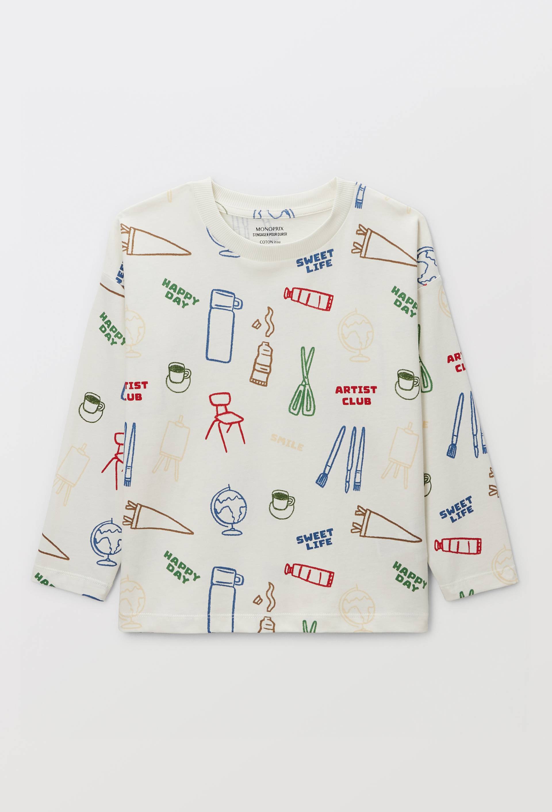 T-Shirt manches longues imprim&eacute; en coton BIO GOTS, Beige clair, large image number 1