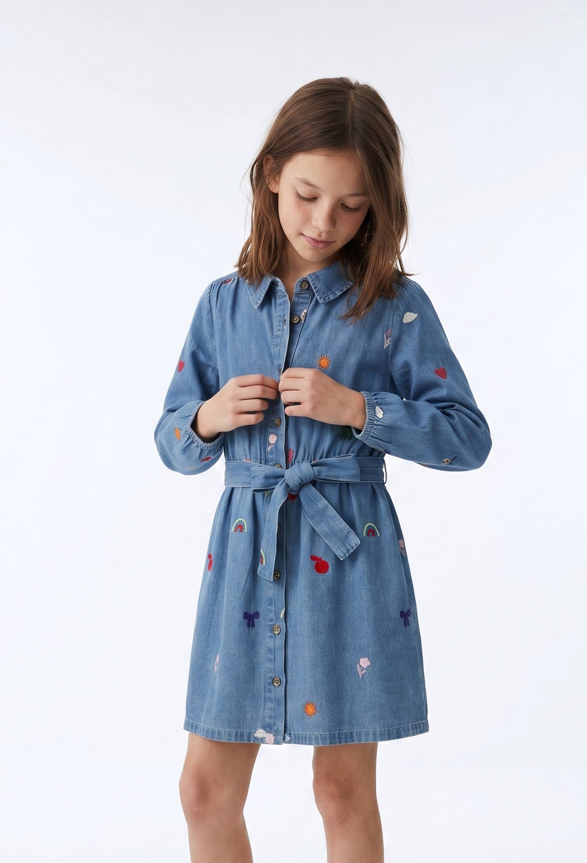 Robe boutonn&eacute;e brod&eacute;e en jean, Bleu, large image number 0.0