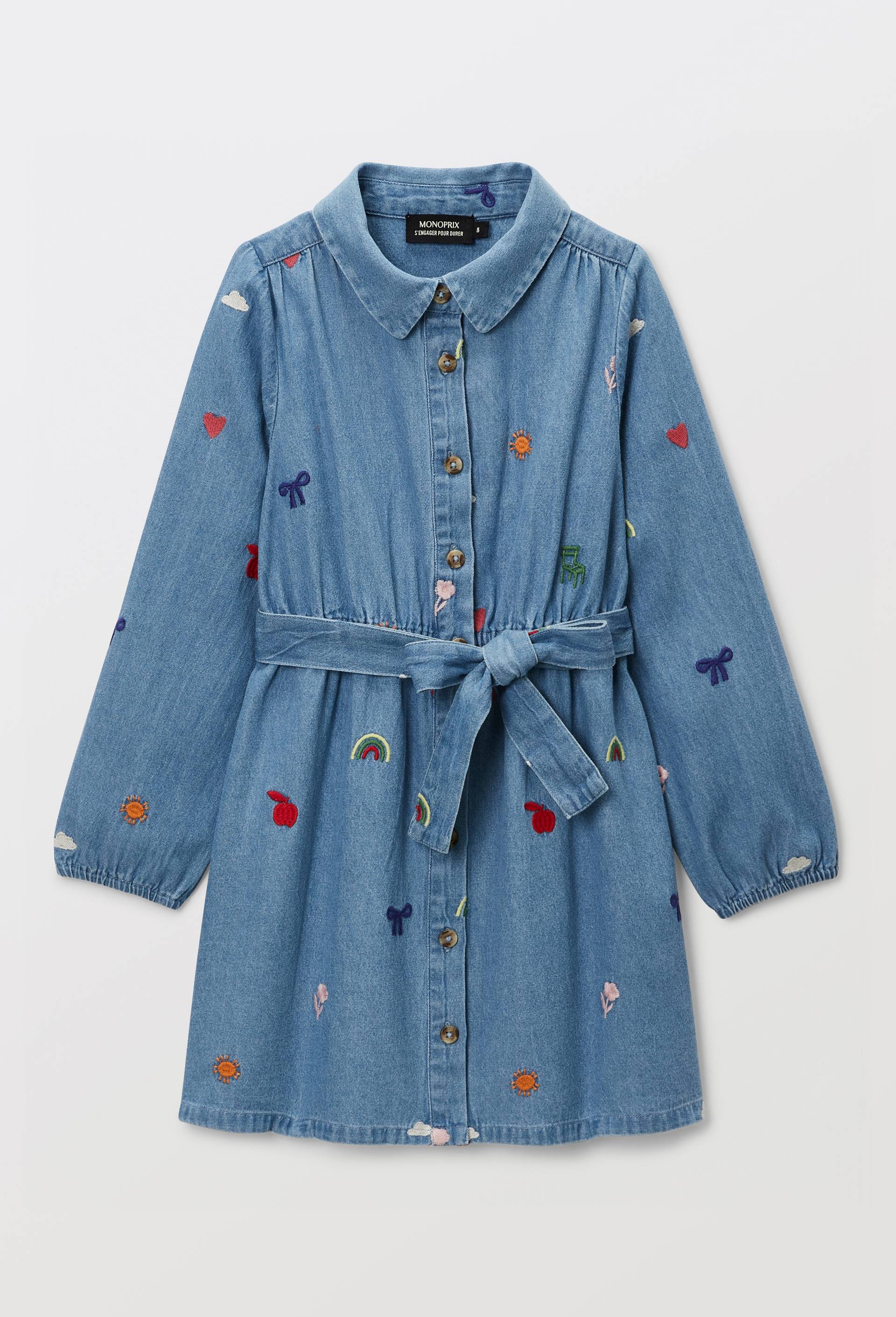 Robe boutonn&eacute;e brod&eacute;e en jean, Bleu, large image number 1.0