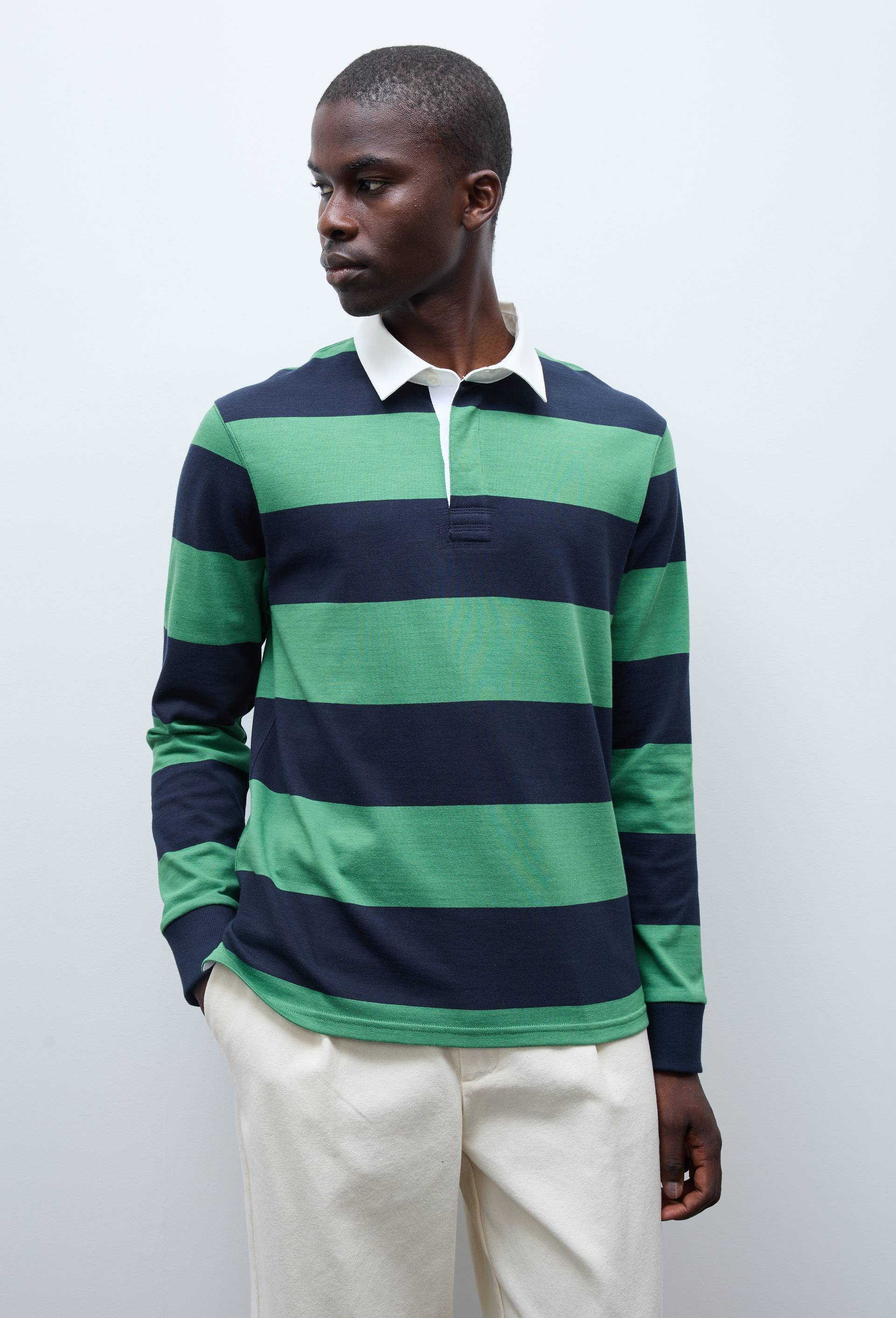 Polo manches longues ray&eacute; en coton interlock BIO GOTS, Vert, large image number 1