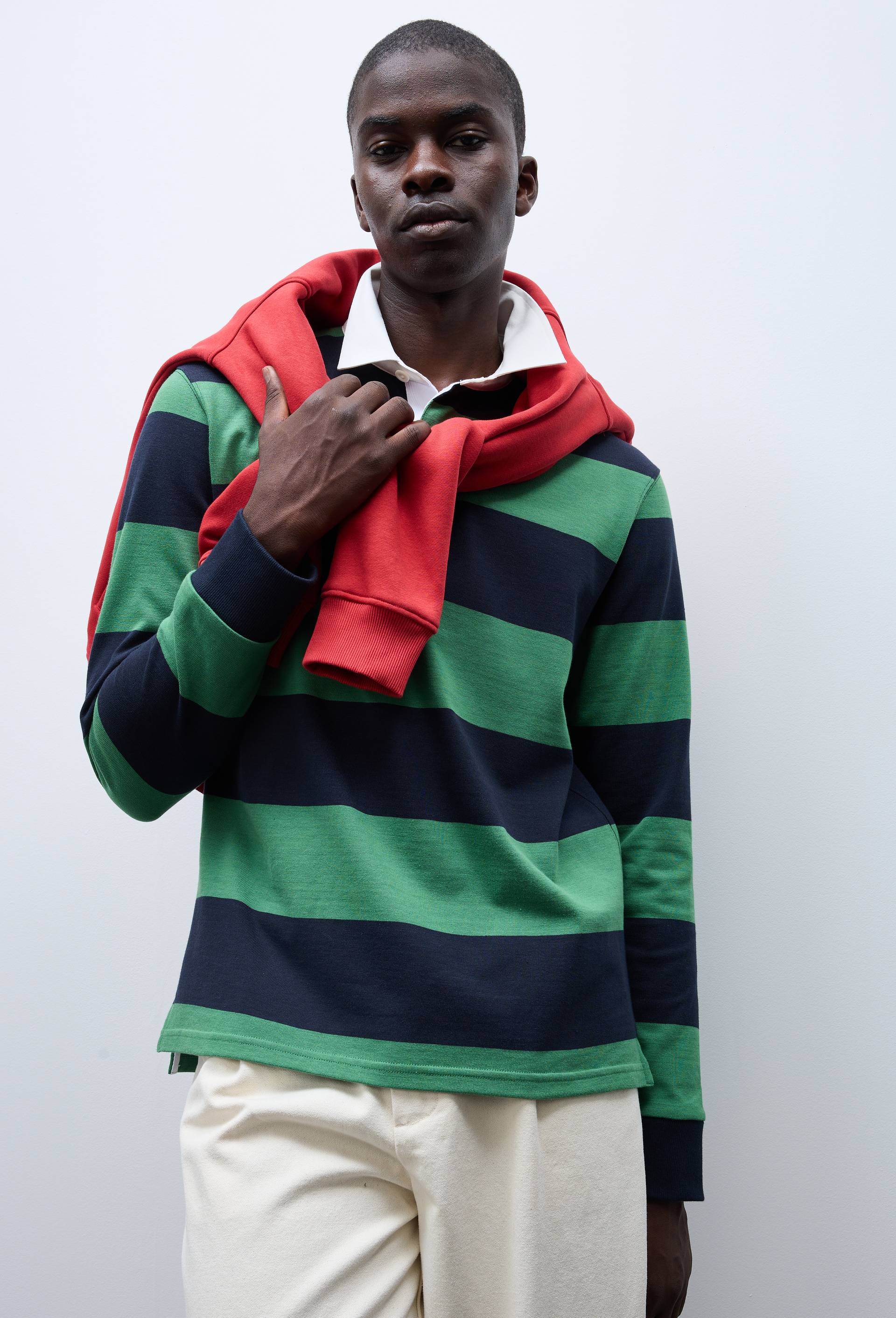 Polo manches longues ray&eacute; en coton interlock BIO GOTS, Vert, large image number 2.0