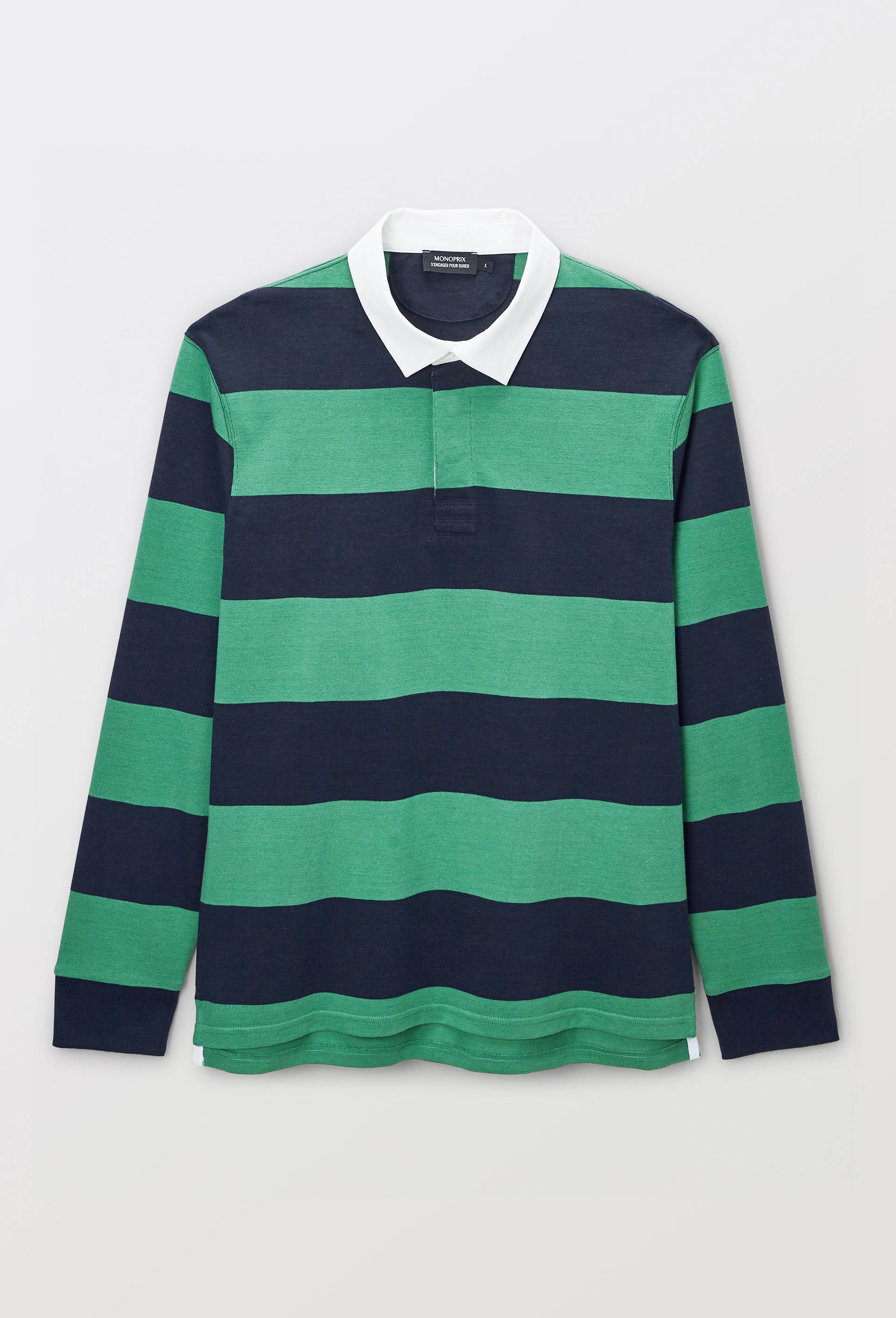 Polo manches longues ray&eacute; en coton interlock BIO GOTS, Vert, large image number 4.0