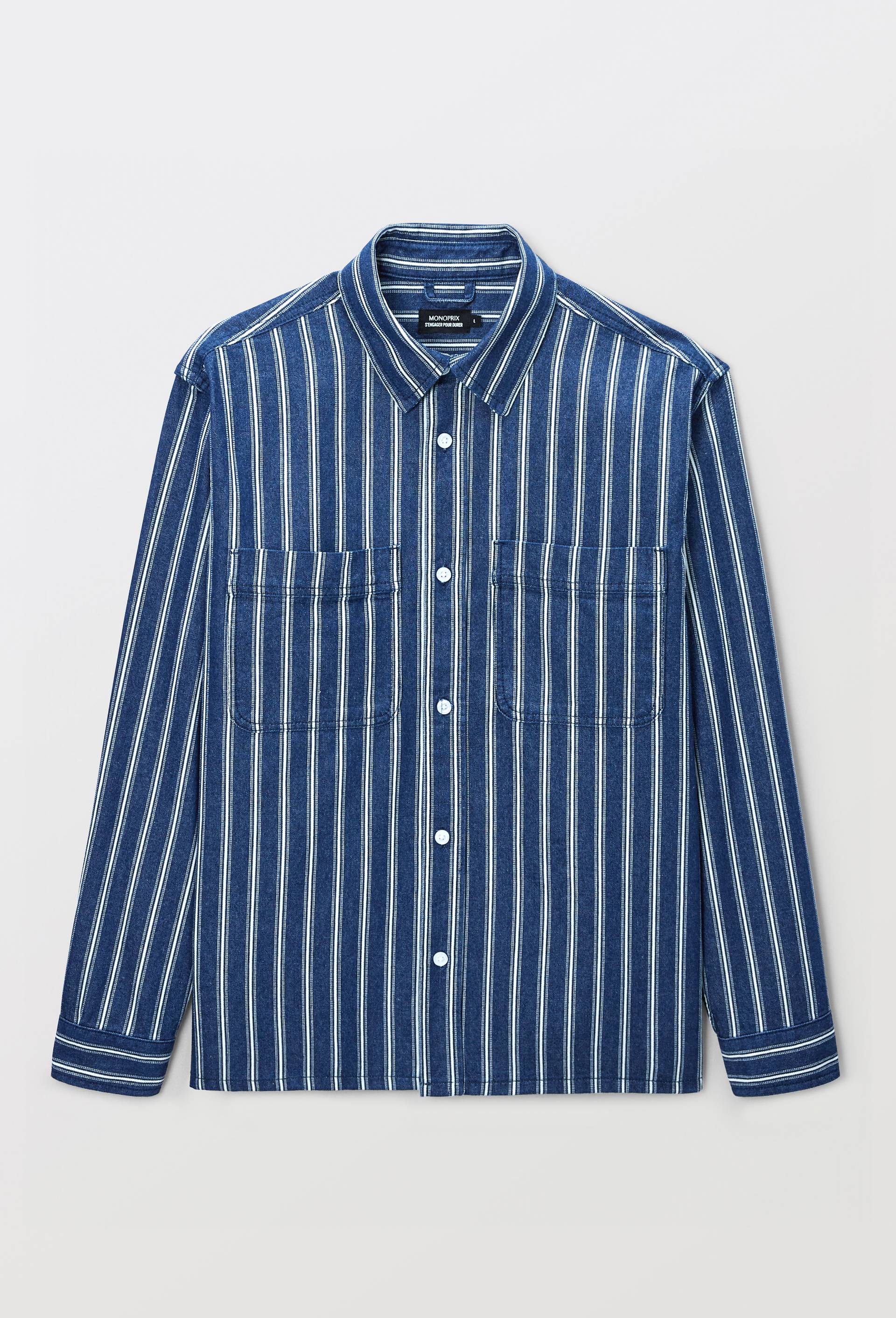 Chemise manches longues ray&eacute;e en jean en coton BIO GOTS, Bleu fonc&eacute;, large image number 3