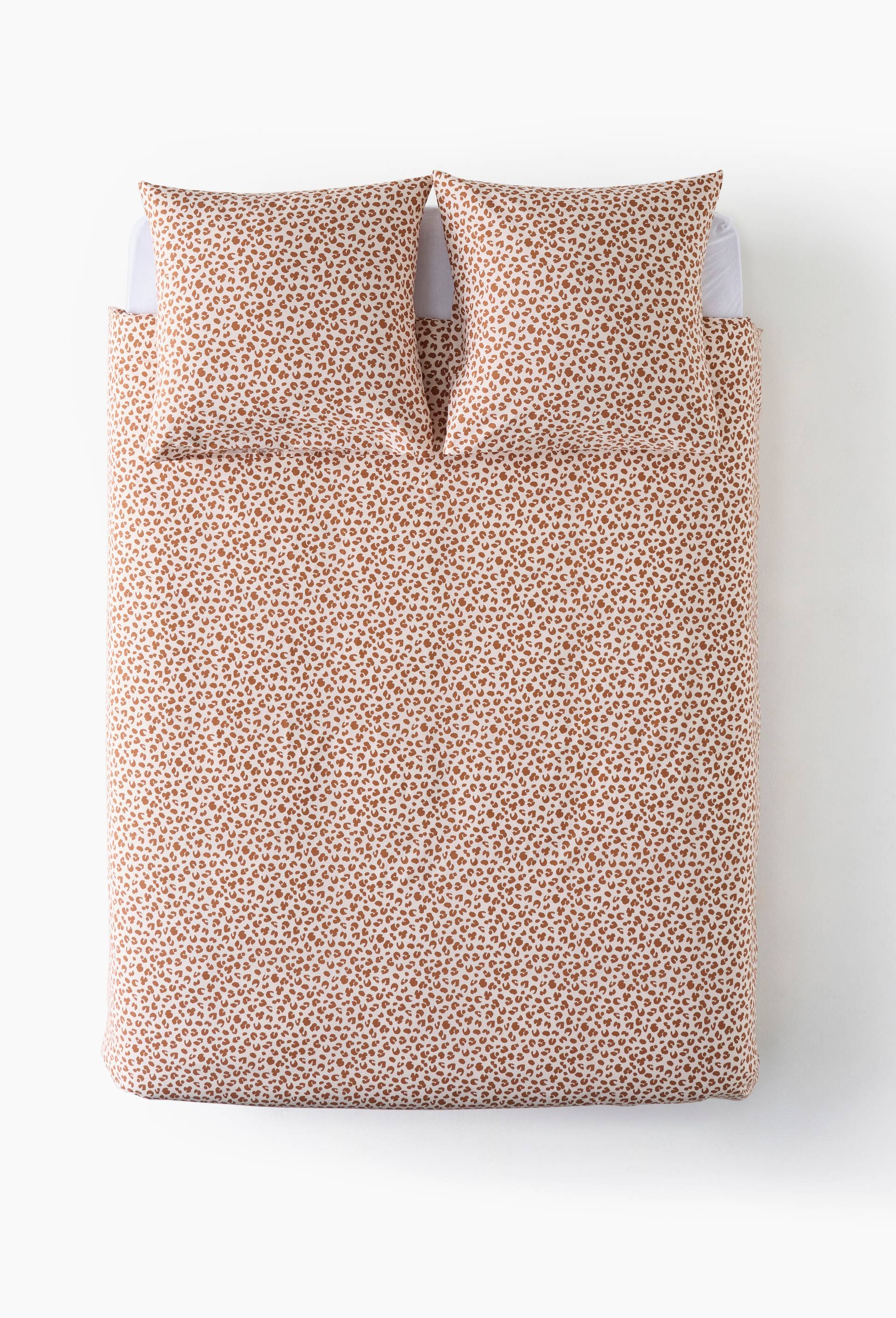 Lot housse de couette et 2 taies carr&eacute;e 63x63cm imprim&eacute;e l&eacute;opard  , 100% coton bio GOTS, Brun, large image number 1.0