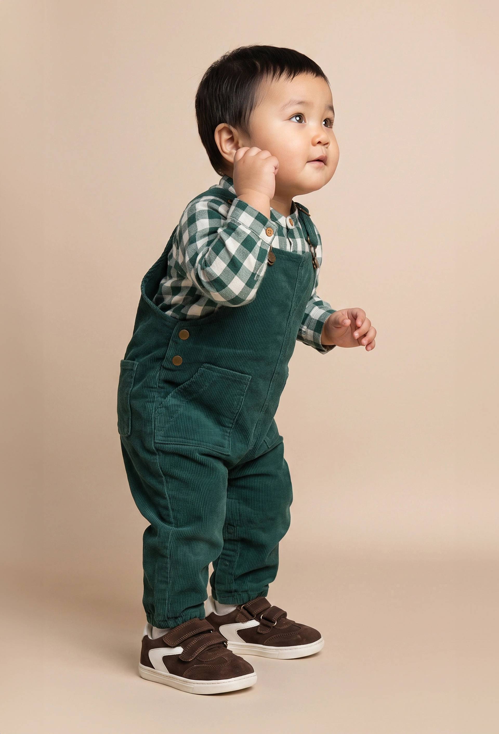 Salopette longue en velours unie en coton BIO GOTS, Vert, swatch image