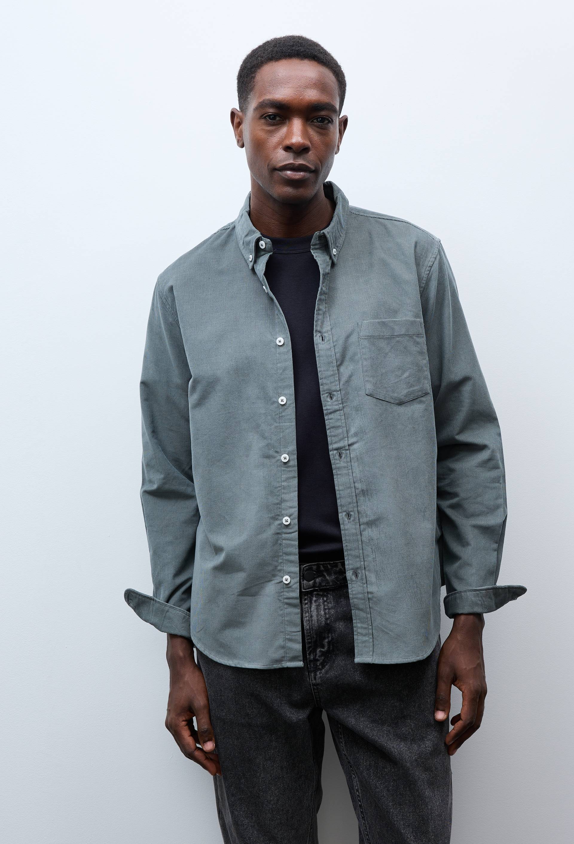 Chemise manches longues velours en coton BIO GOTS, Vert fonc&eacute;, swatch image