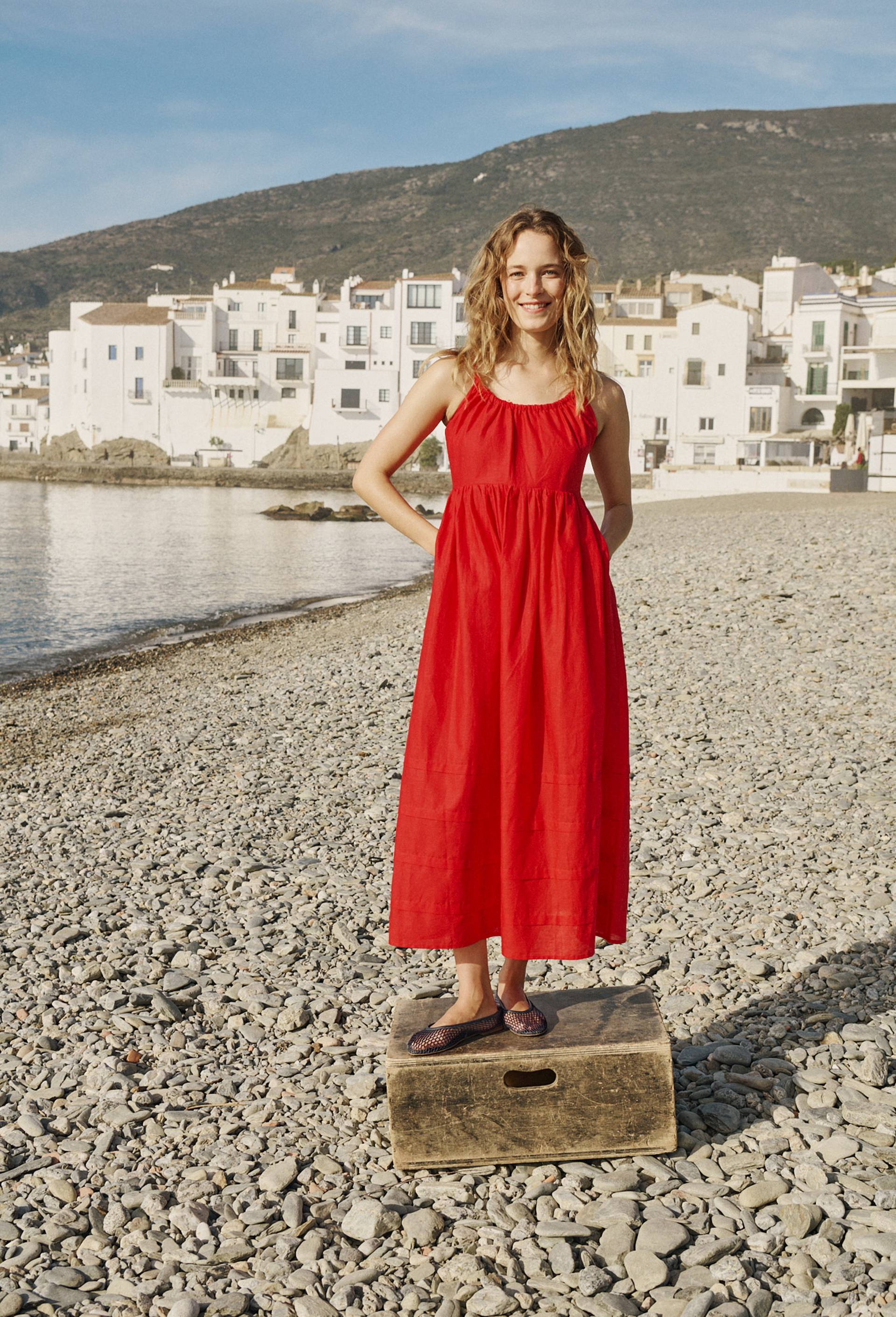 Robe longue &agrave; bretelles en coton lin, Rouge, swatch image