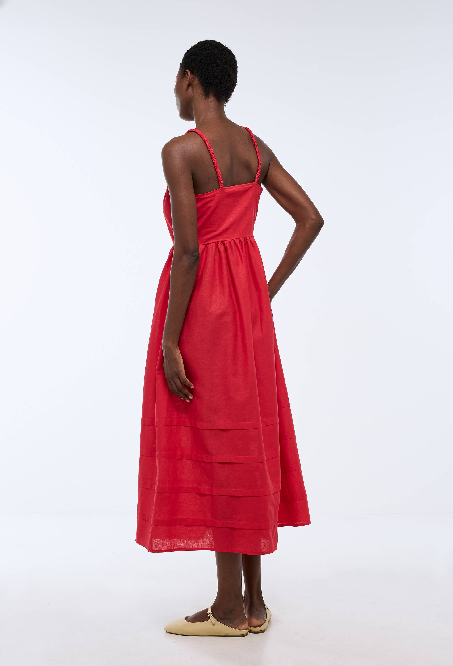 Robe longue &agrave; bretelles en coton lin, Rouge, large image number 4.0