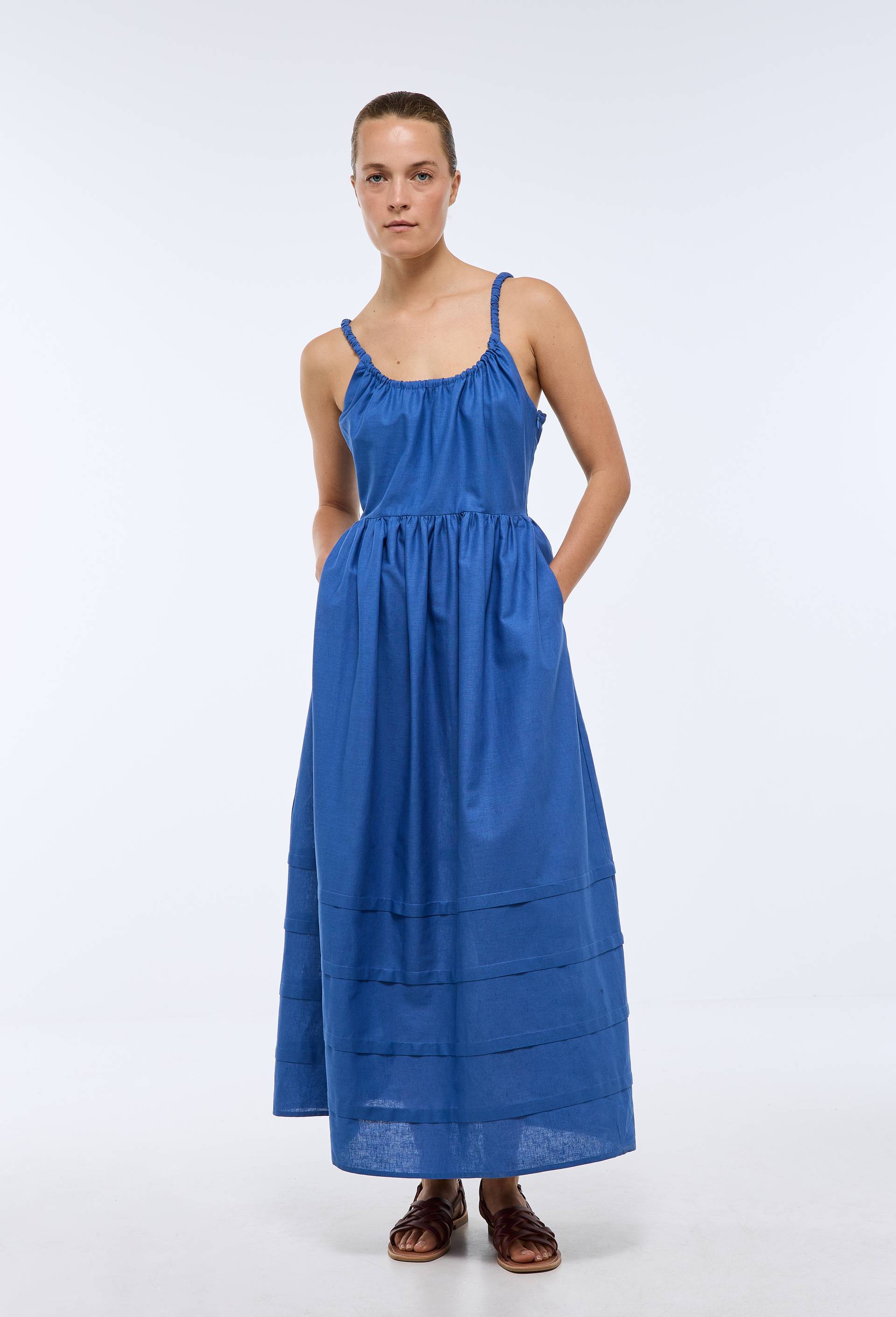 Robe longue &agrave; bretelles en coton lin, Bleu, large image number 0