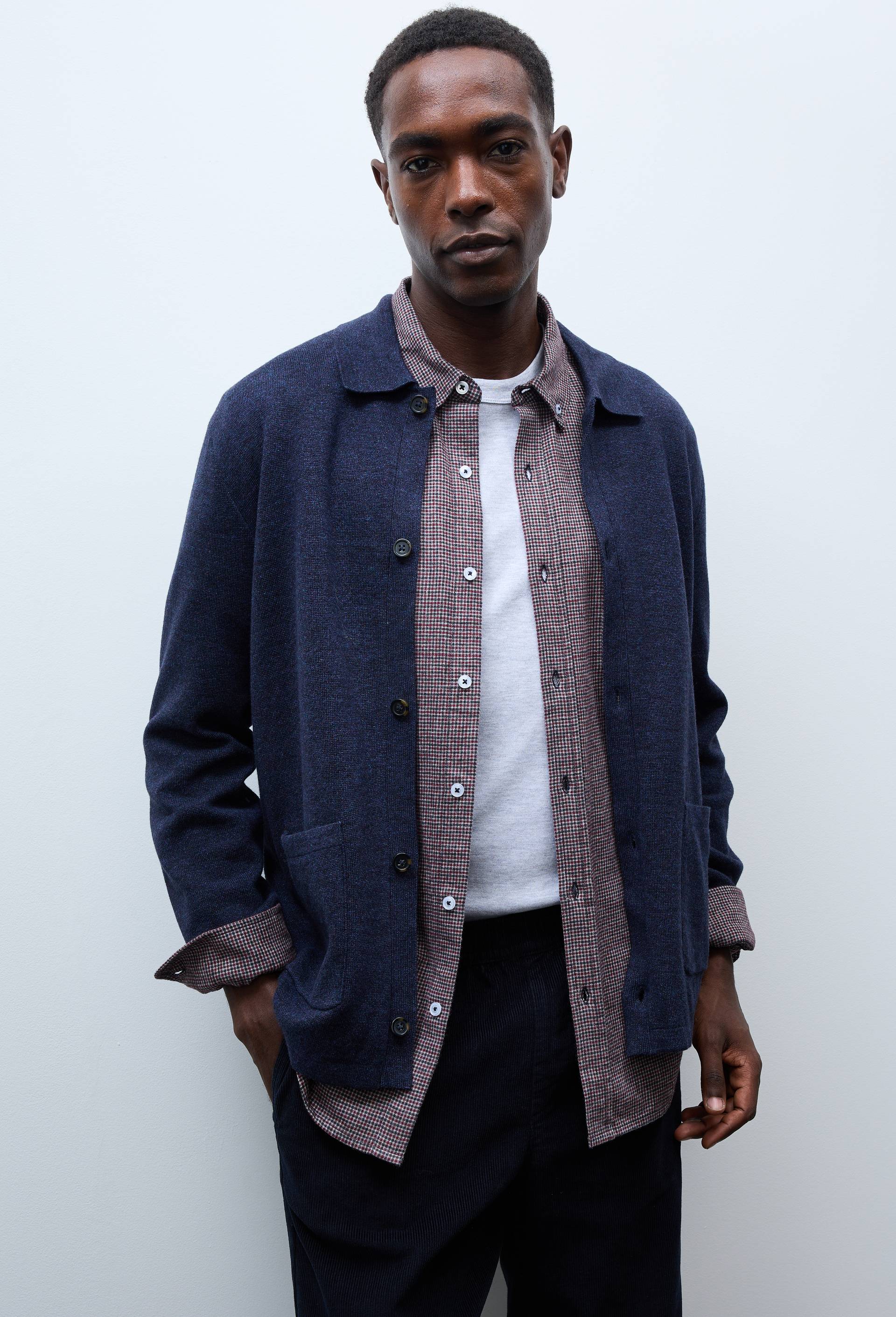 Gilet col polo en coton BIO GOTS et laine, Bleu fonc&eacute;, swatch image