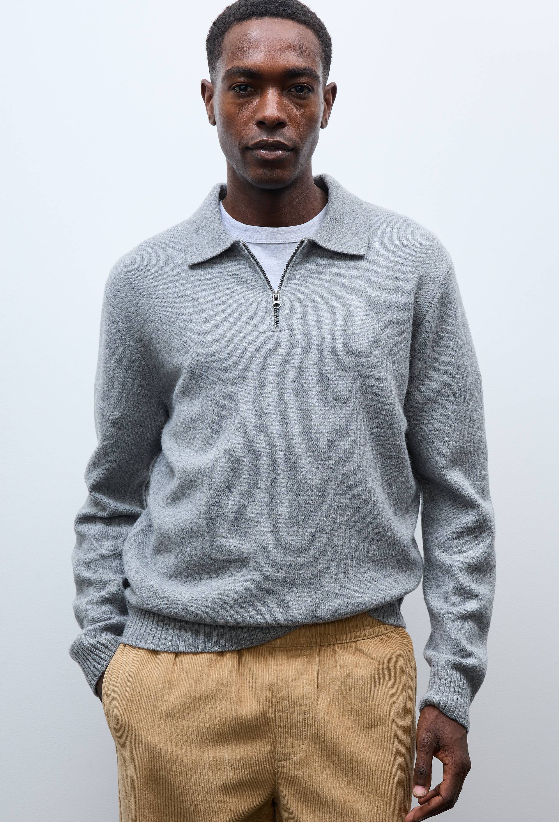 Pull col polo zipp&eacute; en laine, Gris, large image number 0.0