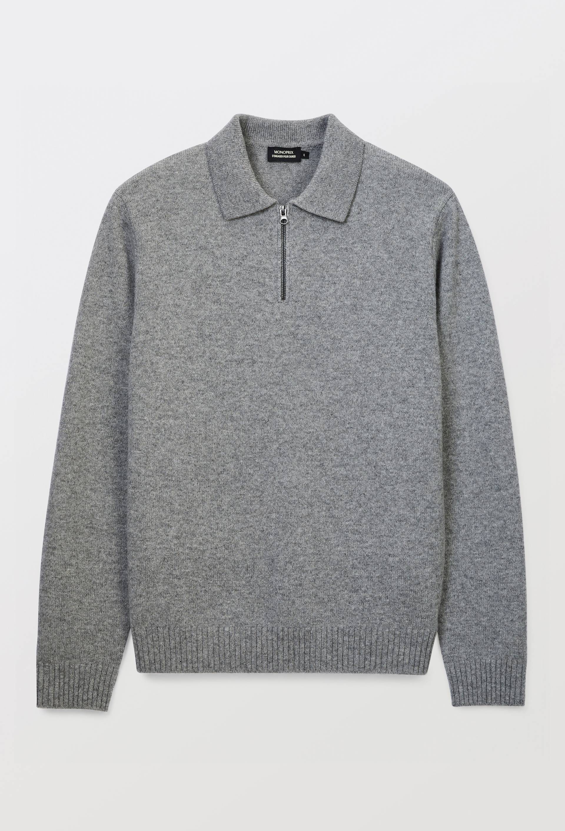 Pull col polo zipp&eacute; en laine, Gris, large image number 2.0