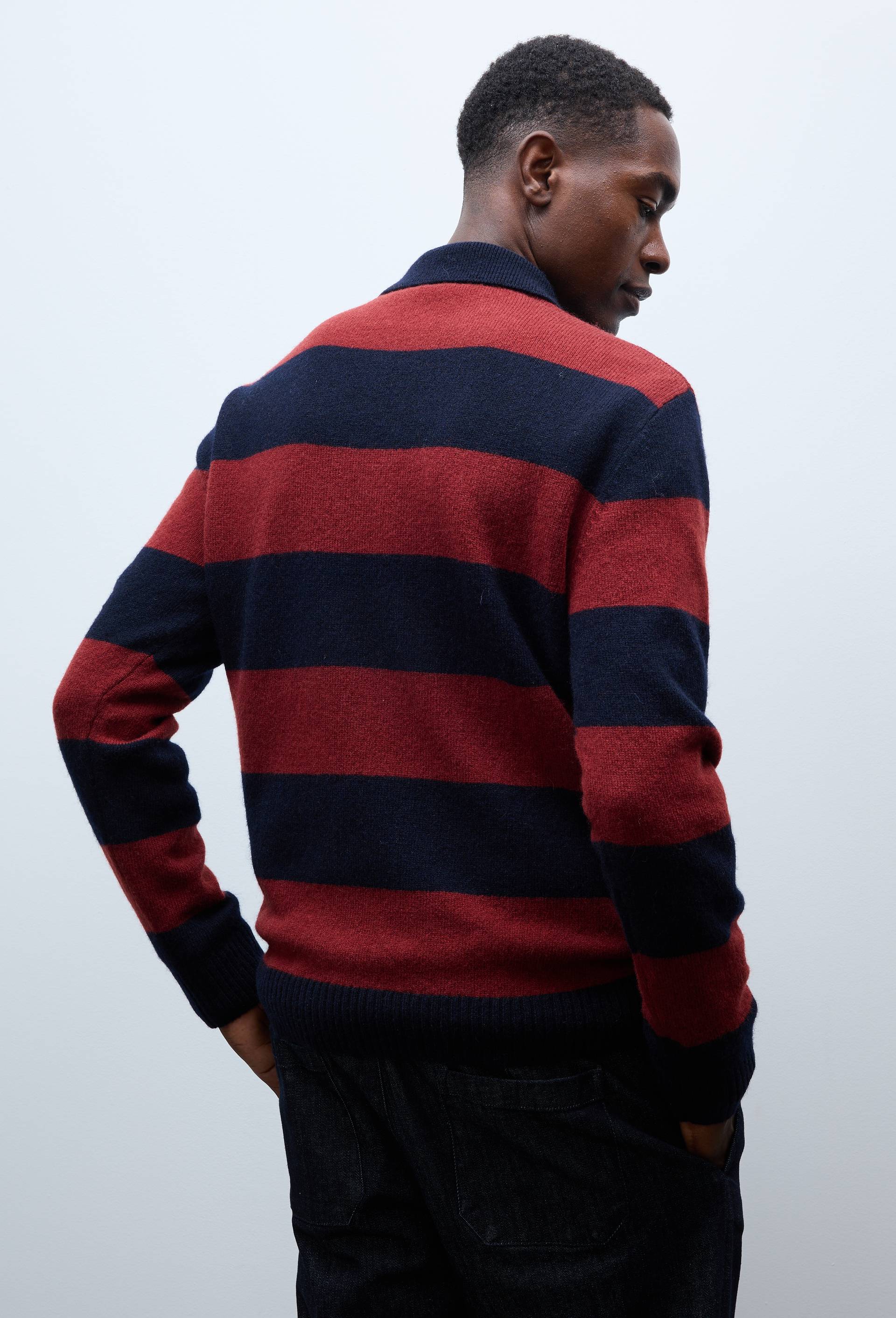 Pull en laine ray&eacute; col polo zipp&eacute;, Bleu fonc&eacute;, large image number 1.0