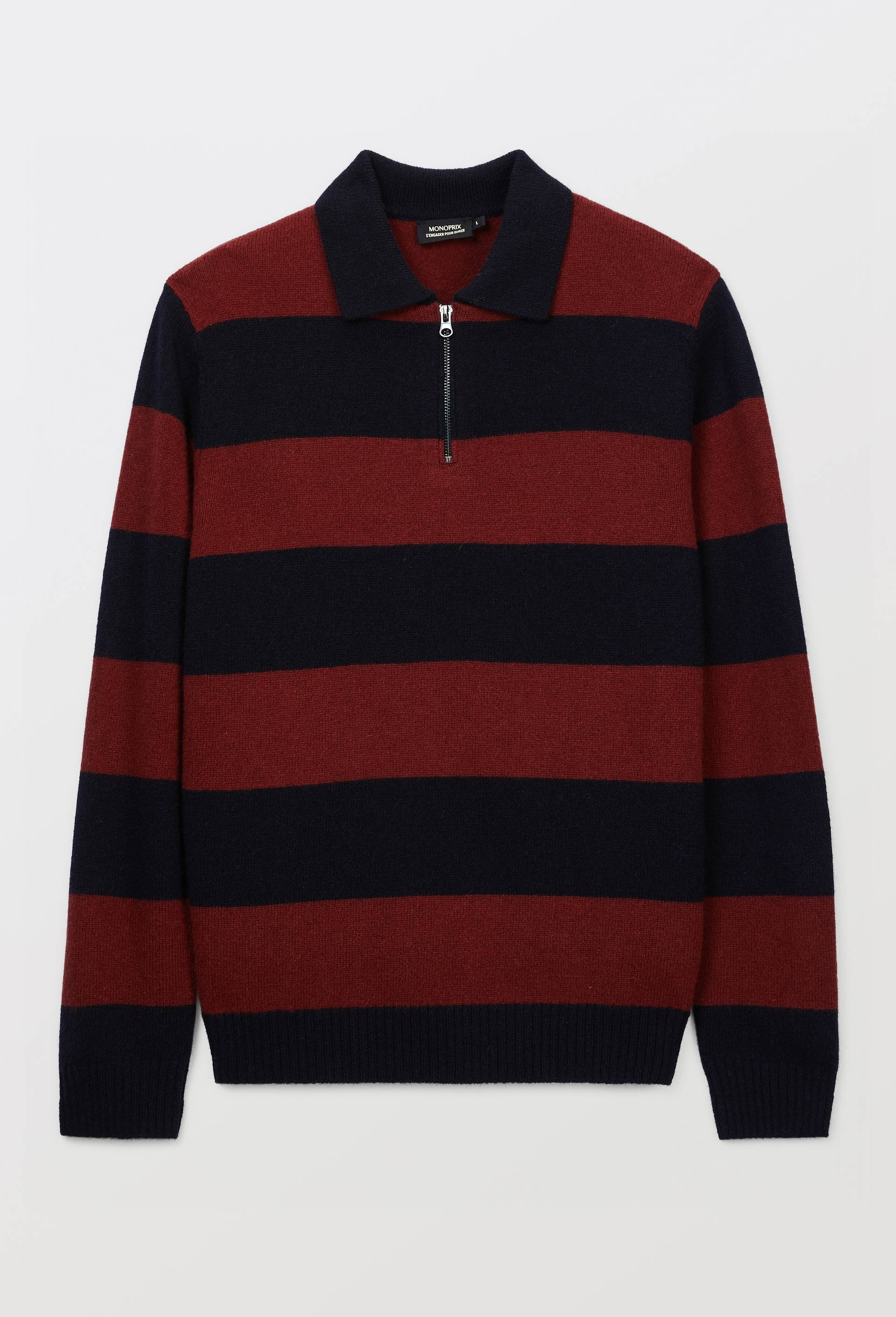 Pull en laine ray&eacute; col polo zipp&eacute;, Bleu fonc&eacute;, large image number 2.0
