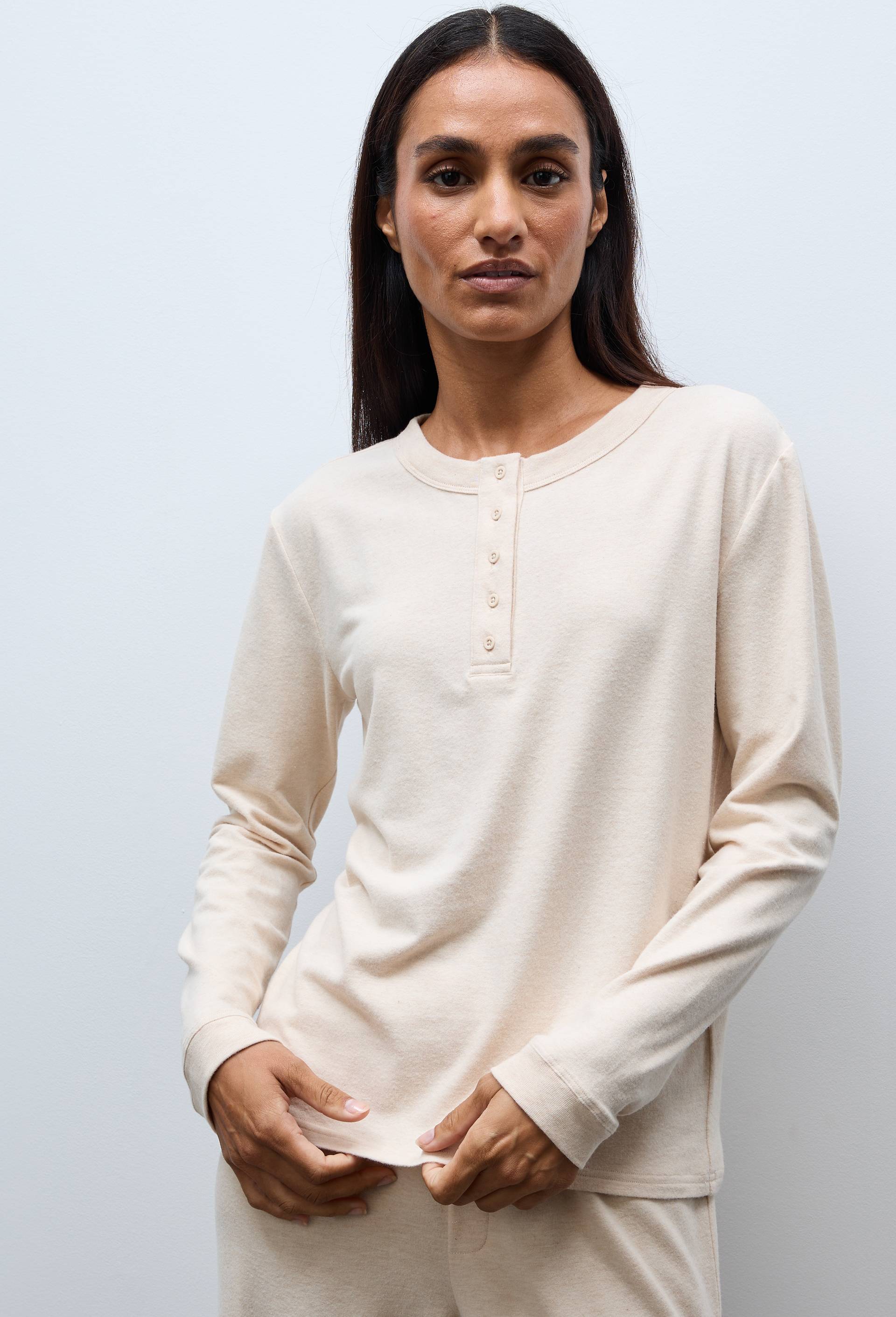 T-shirt boutonn&eacute; en coton et modal c&ocirc;tel&eacute;, Beige, large image number 0.0