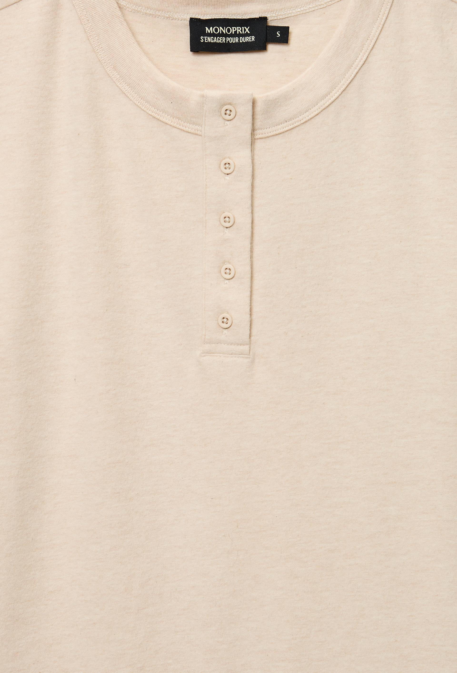 T-shirt boutonn&eacute; en coton et modal c&ocirc;tel&eacute;, Beige, large image number 4.0