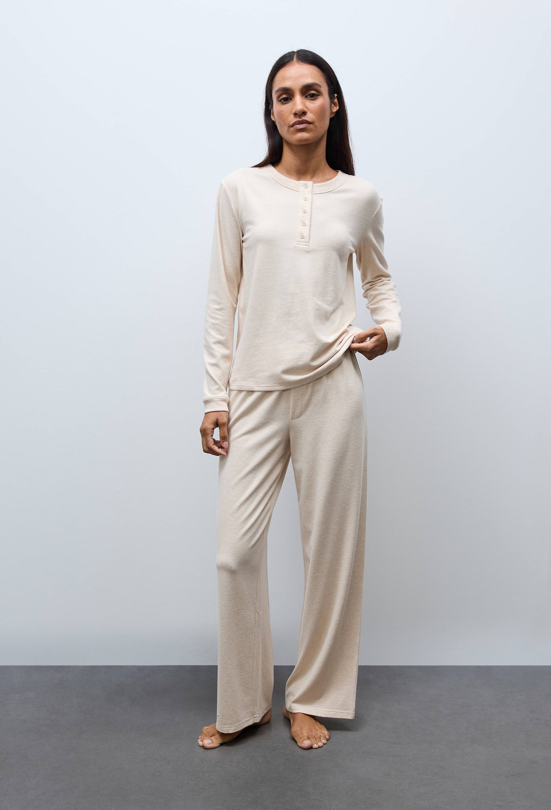 Pantalon de pyjama c&ocirc;tel&eacute; en coton et modal, Beige, large image number 0.0