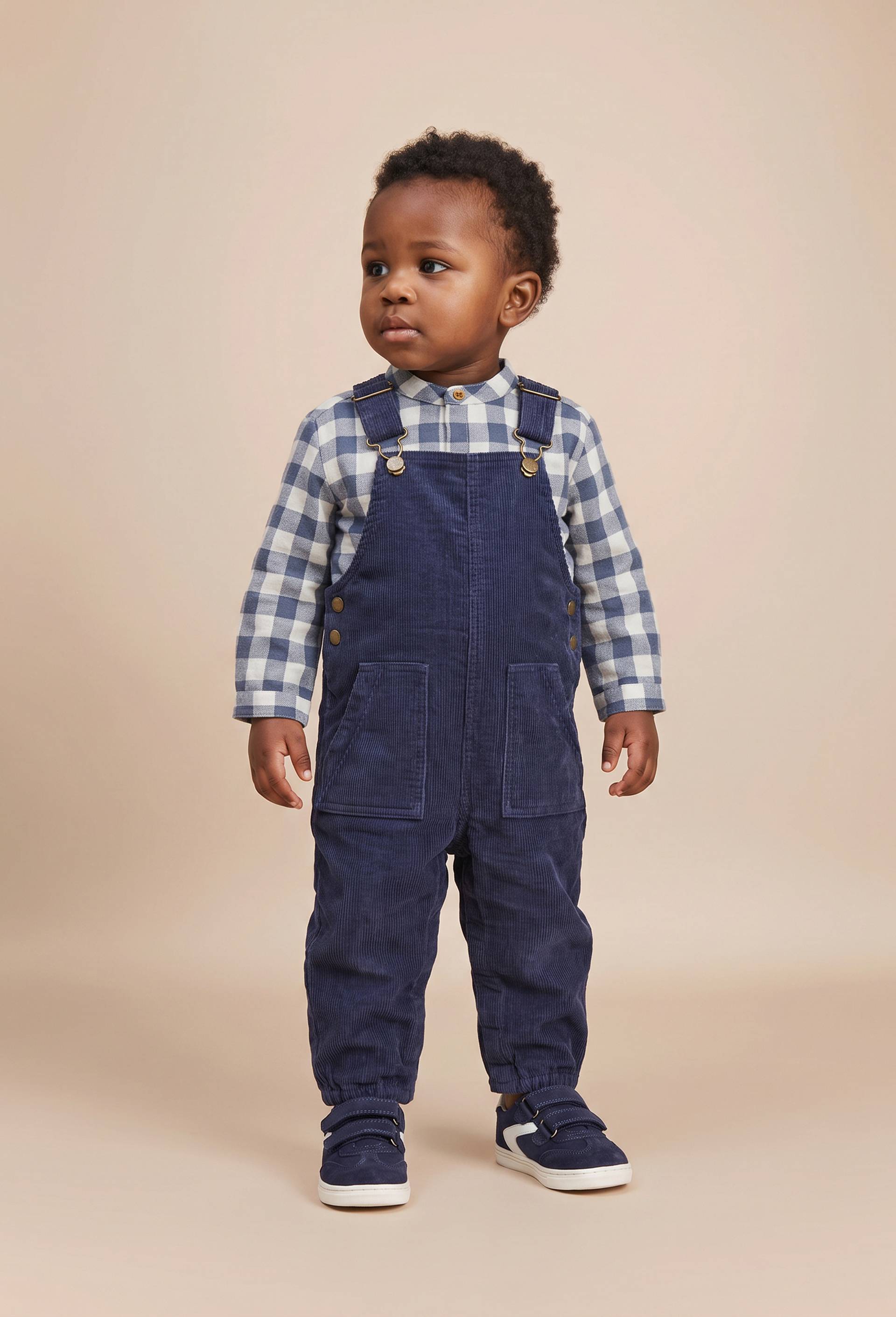 Salopette longue en velours unie en coton BIO GOTS, Bleu fonc&eacute;, swatch image