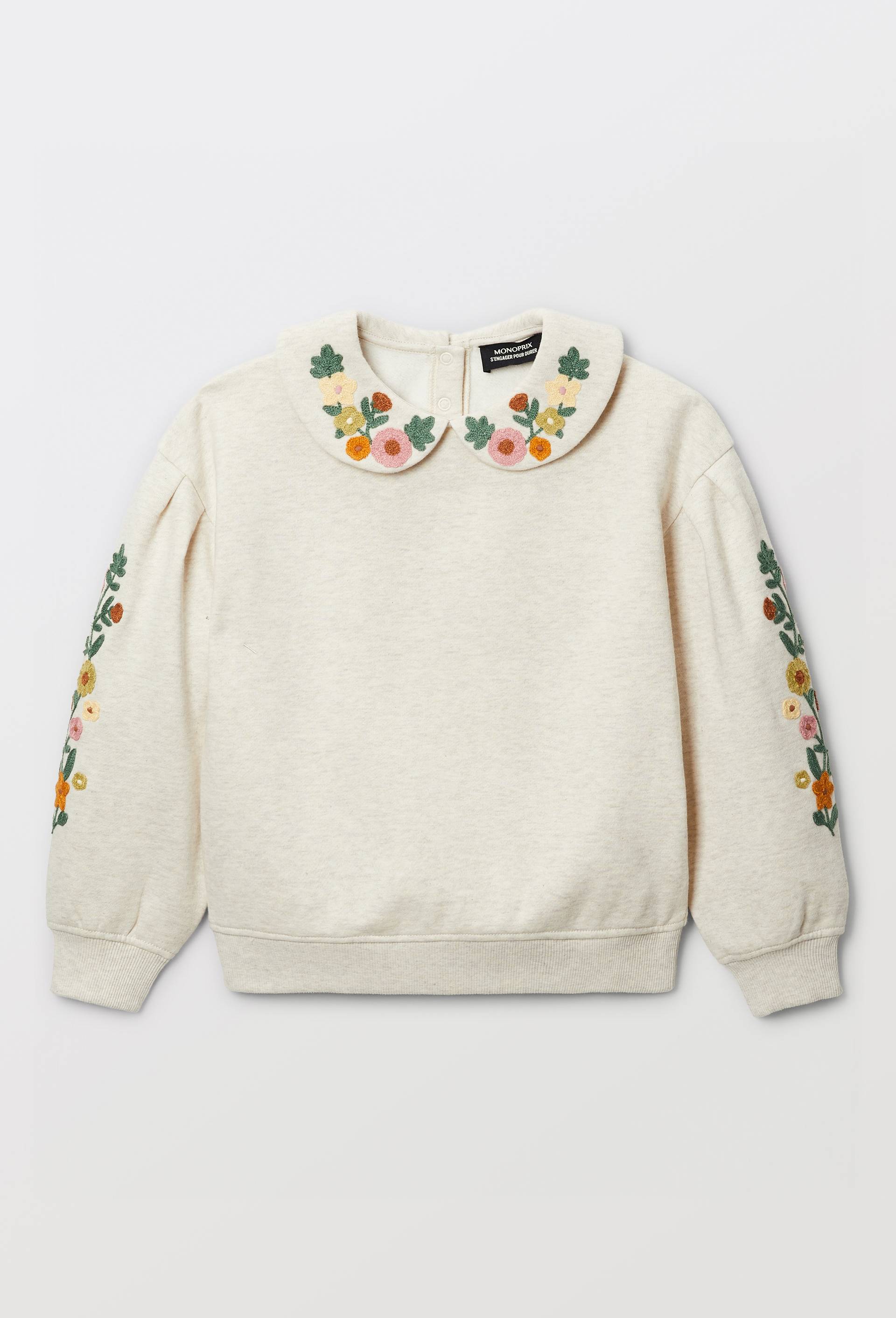 Sweat col claudine brod&eacute;, Beige clair, large image number 1