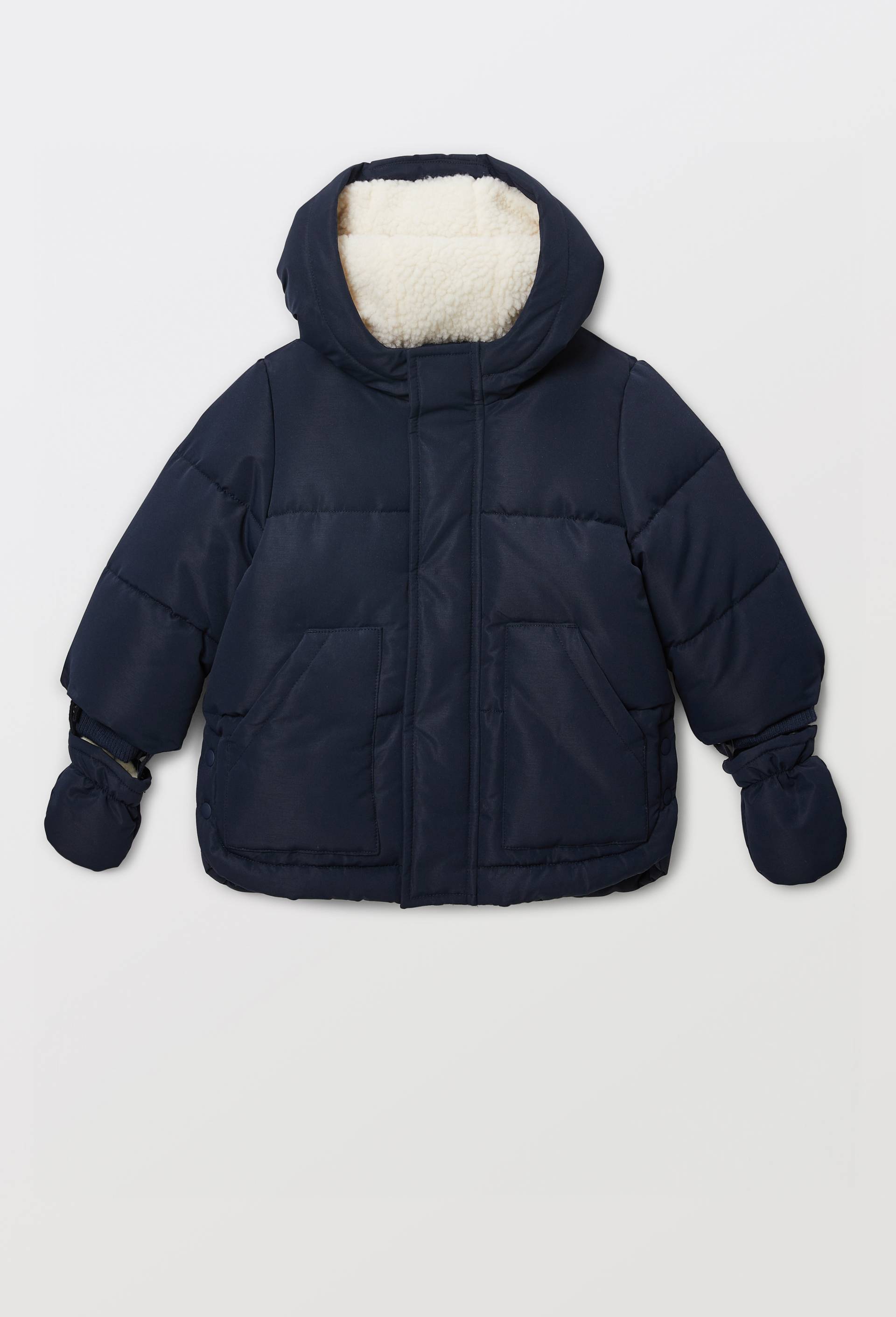 Parka &agrave; capuche unie doubl&eacute;e en fausse fourrure avec moufles, Bleu fonc&eacute;, large image number 0