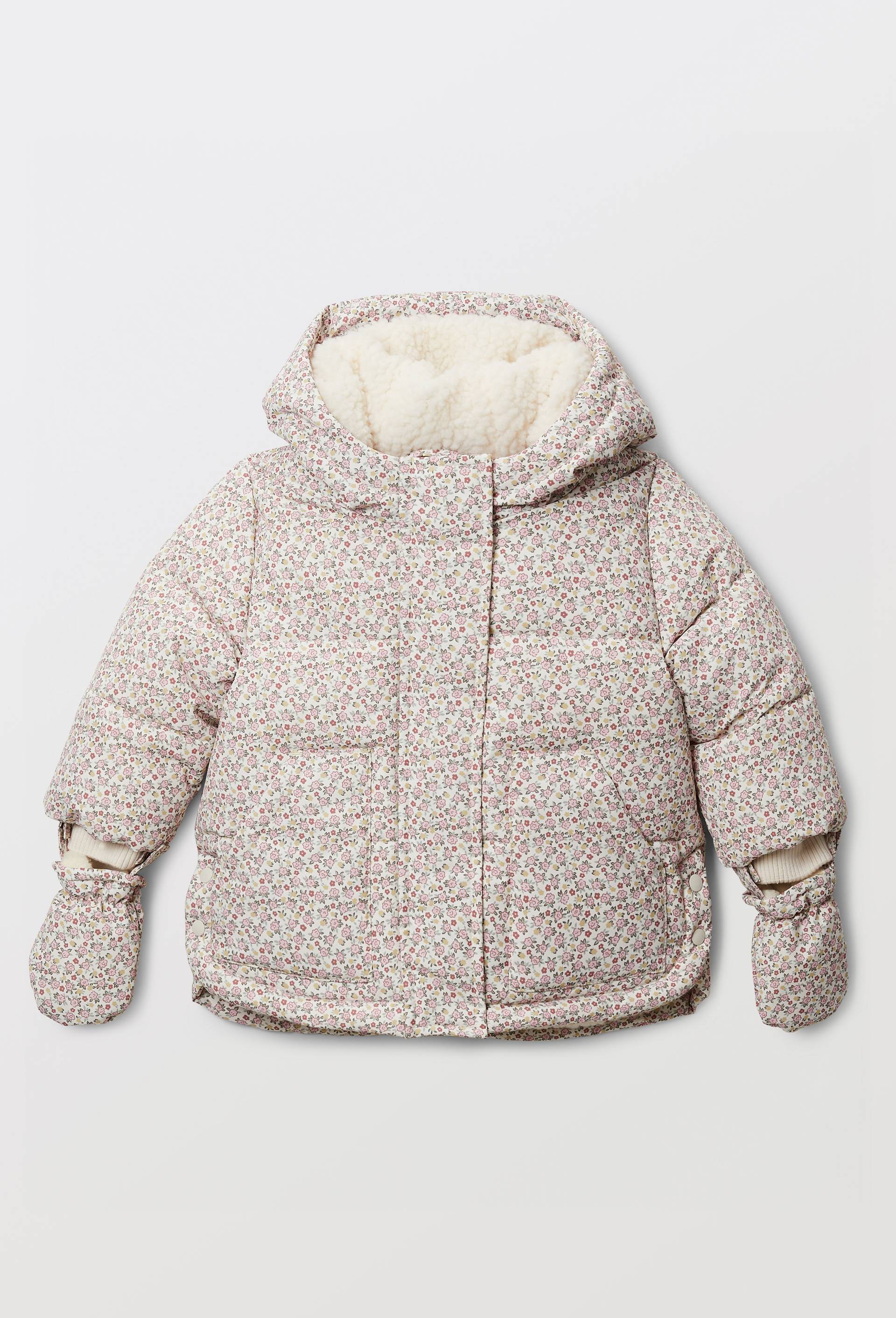 Parka &agrave; capuche imprim&eacute;e doubl&eacute;e en fausse fourrure avec moufles, Beige clair, large image number 0