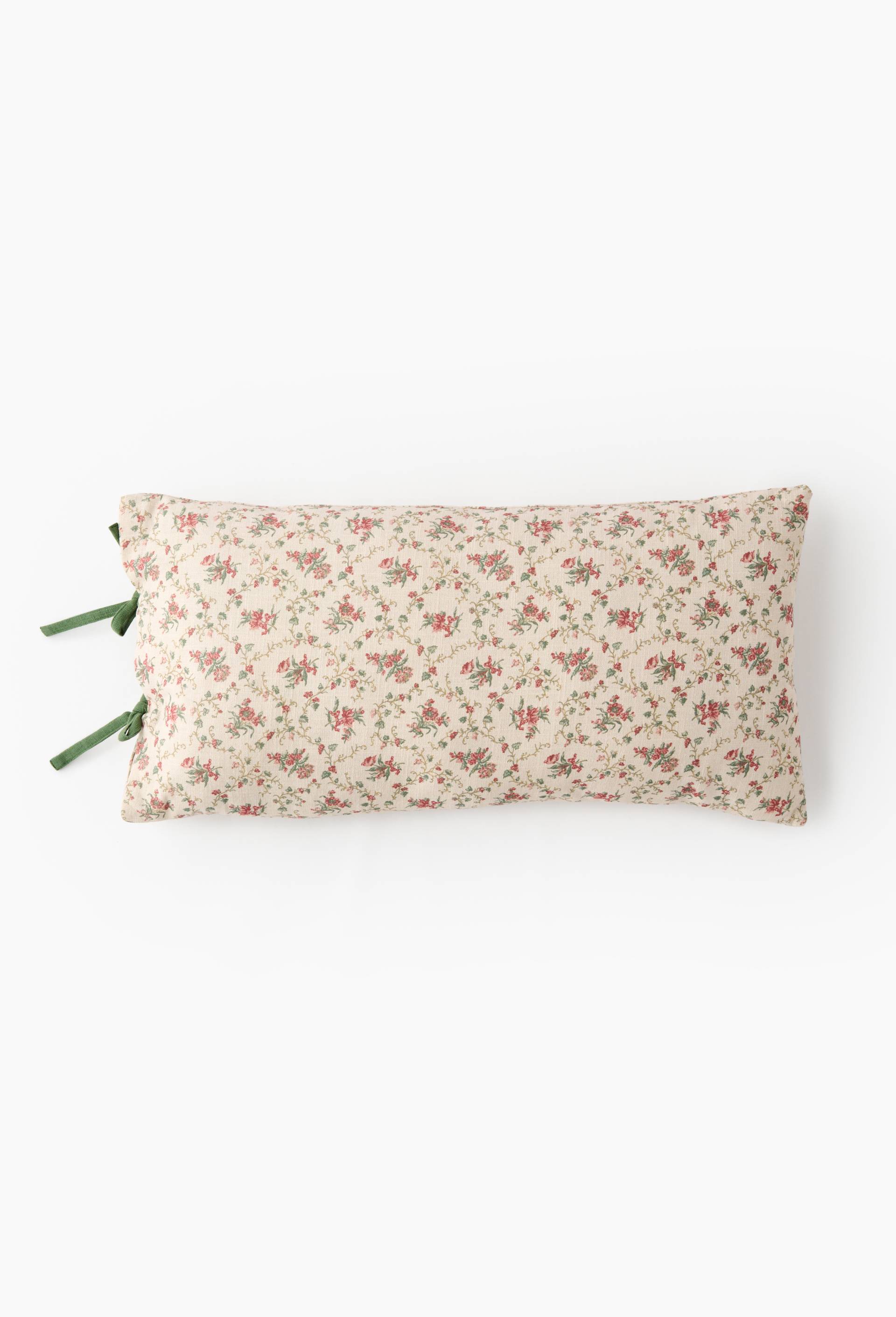 Coussin imprim&eacute; fleurs avec nouettes, 35x70cm, coton, Ecru, large image number 0