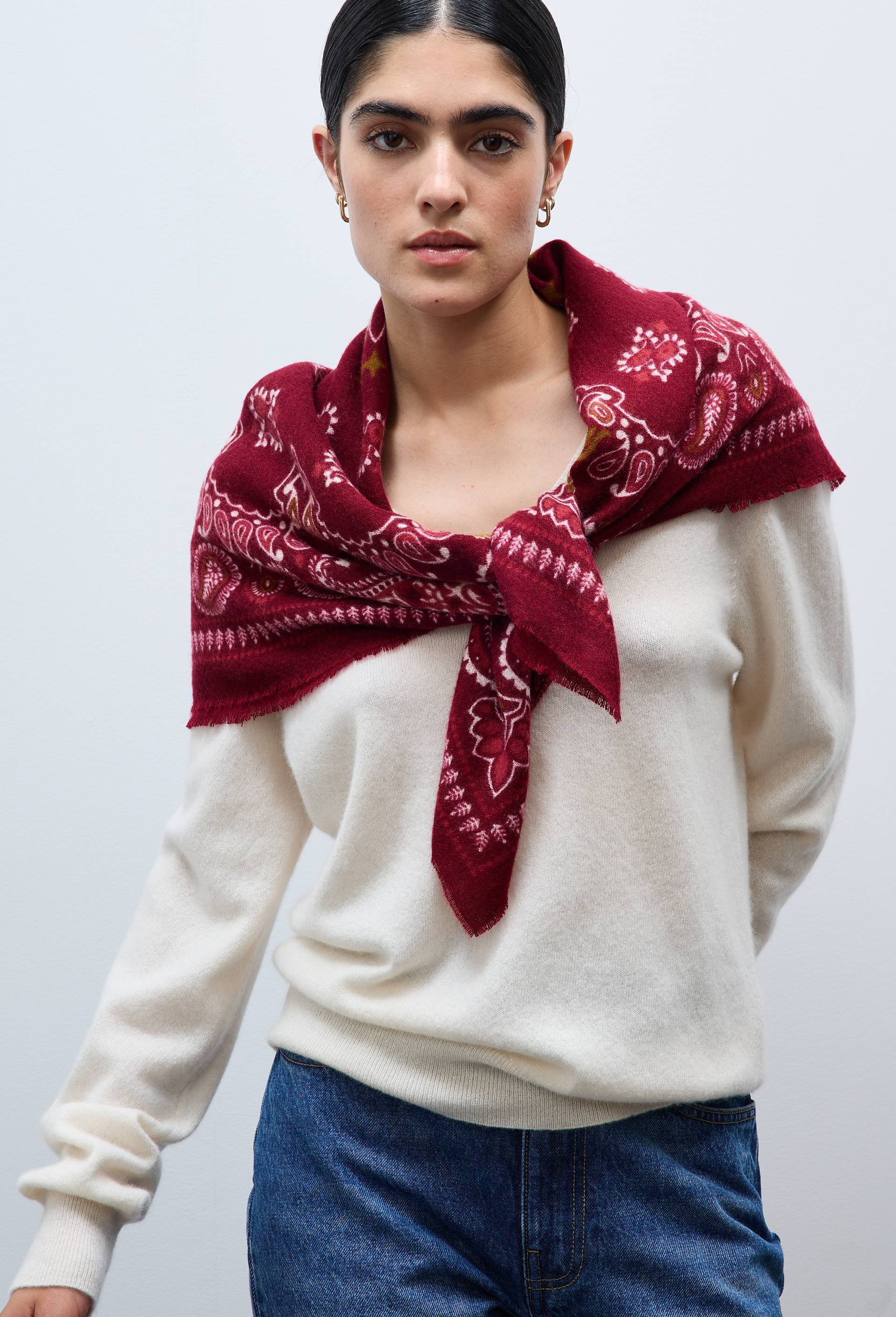 Foulard imprim&eacute;, mati&egrave;re recycl&eacute;e, Rouge fonc&eacute;, large image number 1