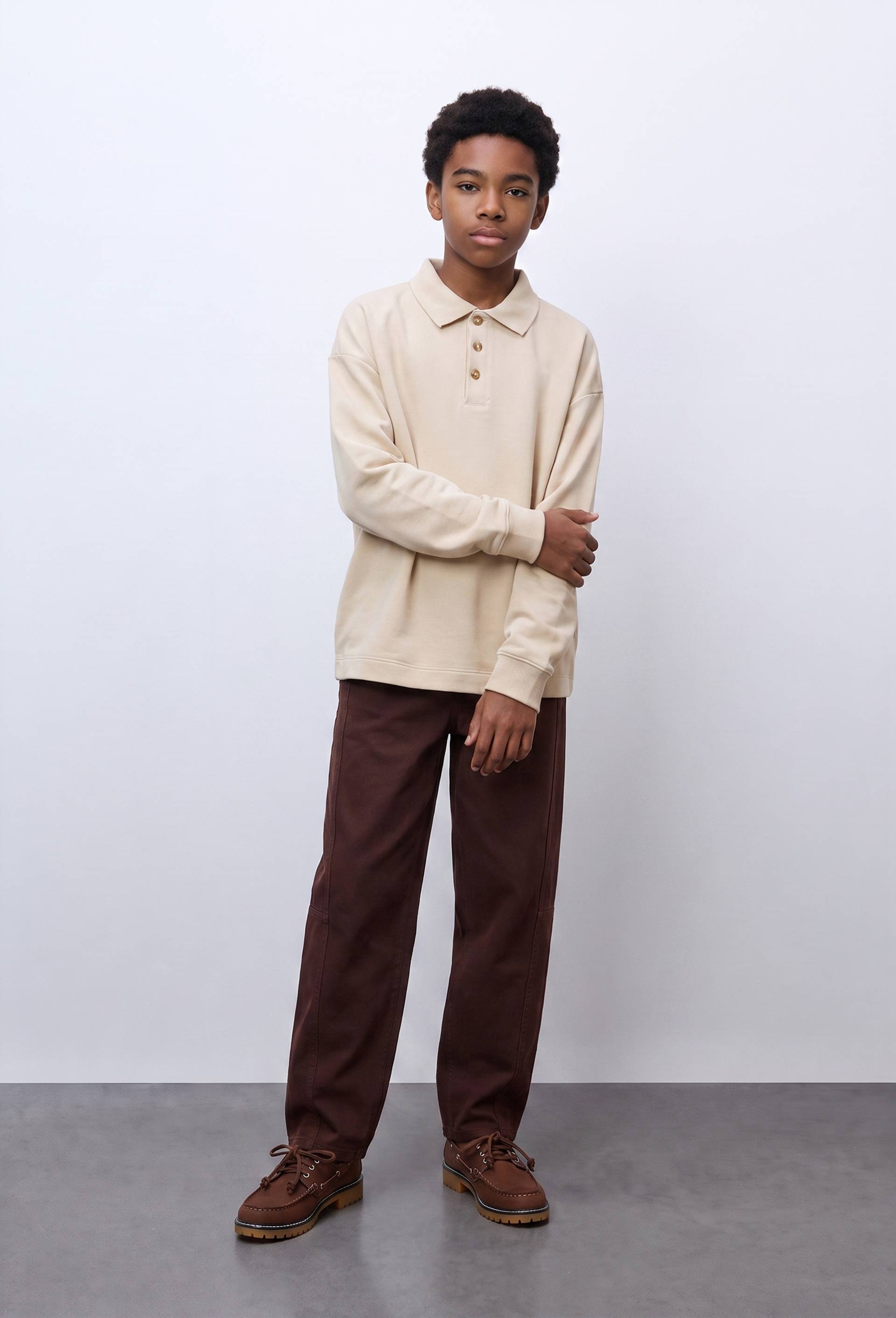 Polo manches longues unicontenant du coton BIO GOTS, Beige, large image number 0.0