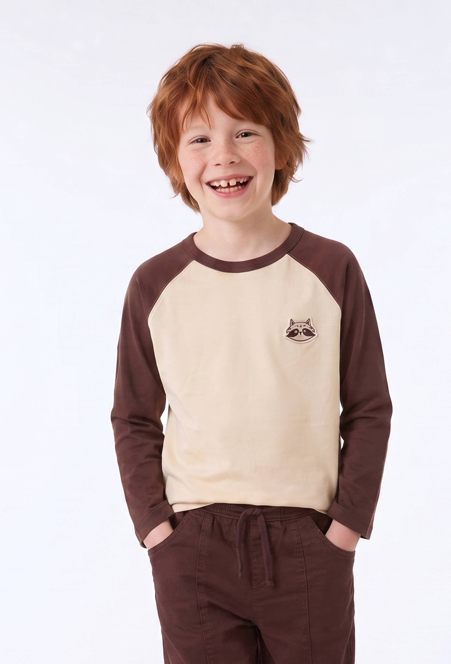 T-shirt manches longues imprim&eacute; en coton BIO, Brun fonc&eacute;, large image number 0