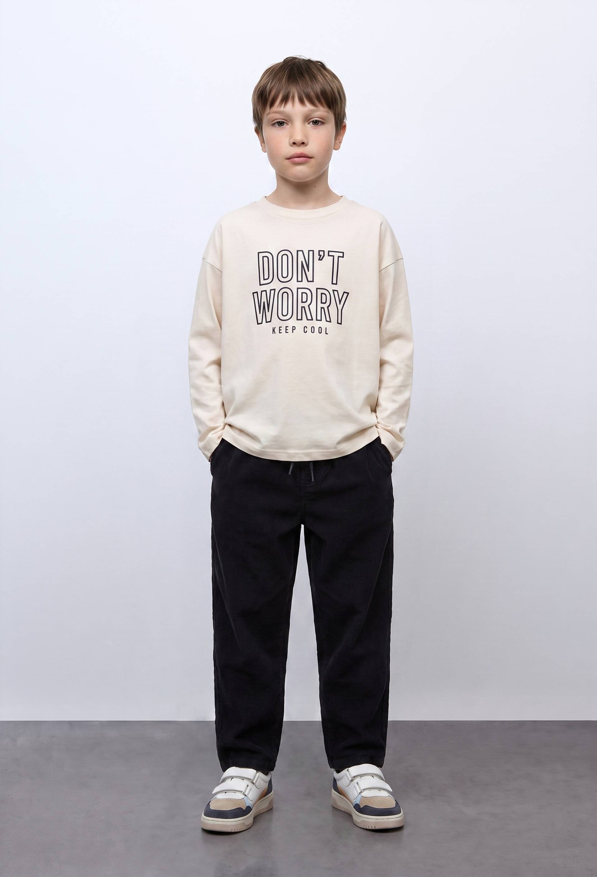 Pantalon taille &eacute;lastiqu&eacute;e uni en coton, Bleu fonc&eacute;, large image number 0.0