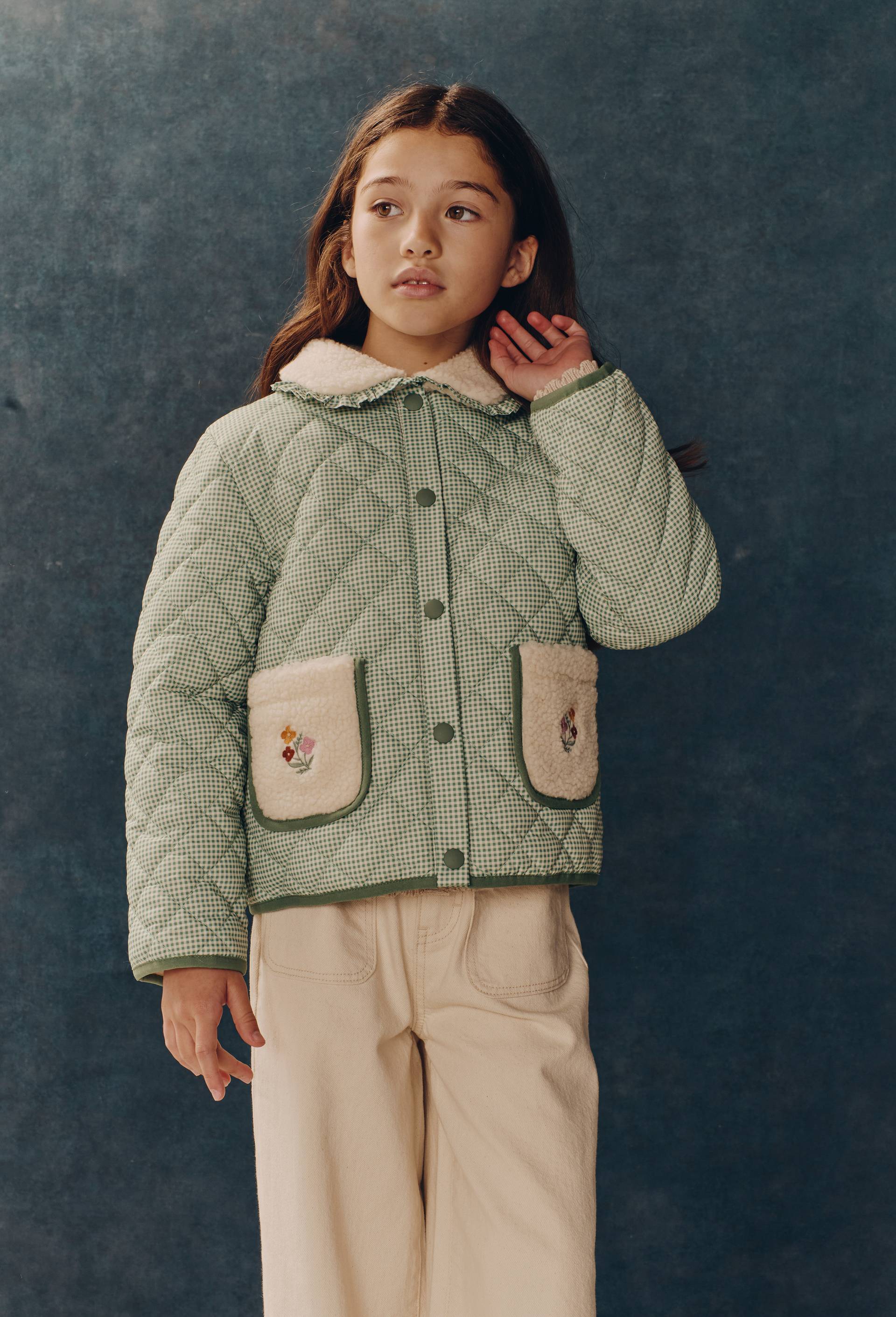 Veste matelass&eacute;e vichy d&eacute;tails sherpa et broderies, Vert, large image number 0