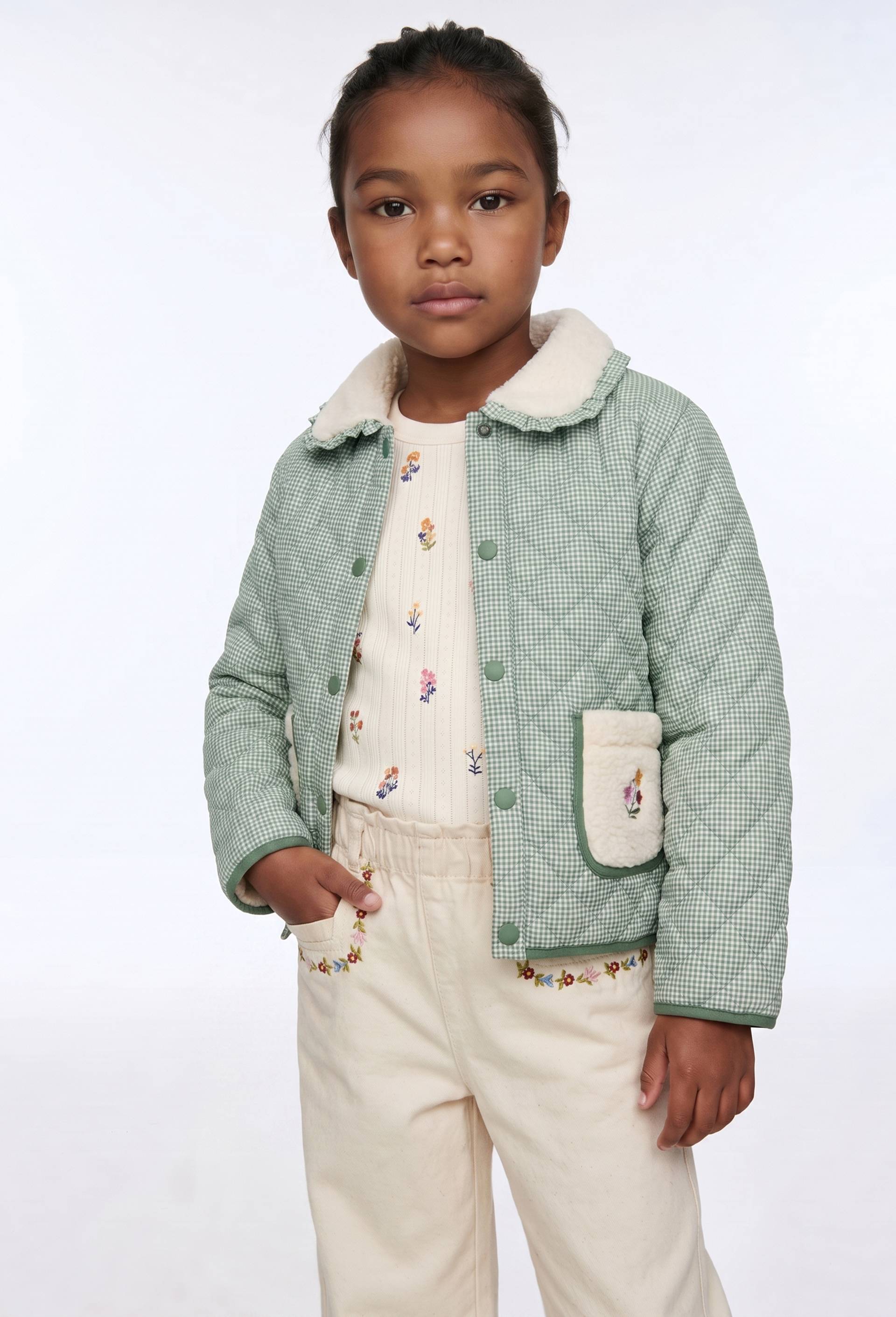 Veste matelass&eacute;e vichy d&eacute;tails sherpa et broderies, Vert, large image number 1