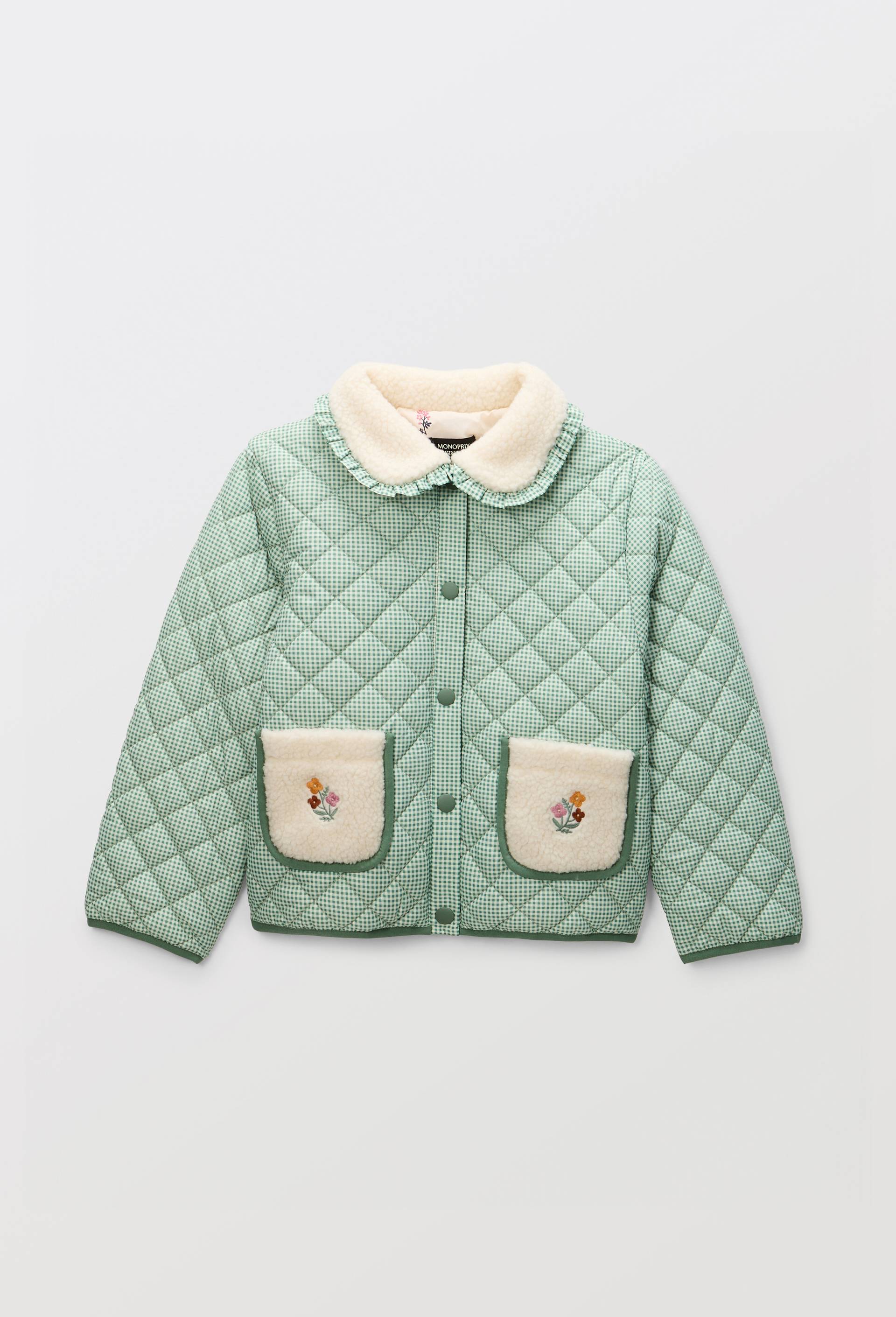 Veste matelass&eacute;e vichy d&eacute;tails sherpa et broderies, Vert, large image number 2.0