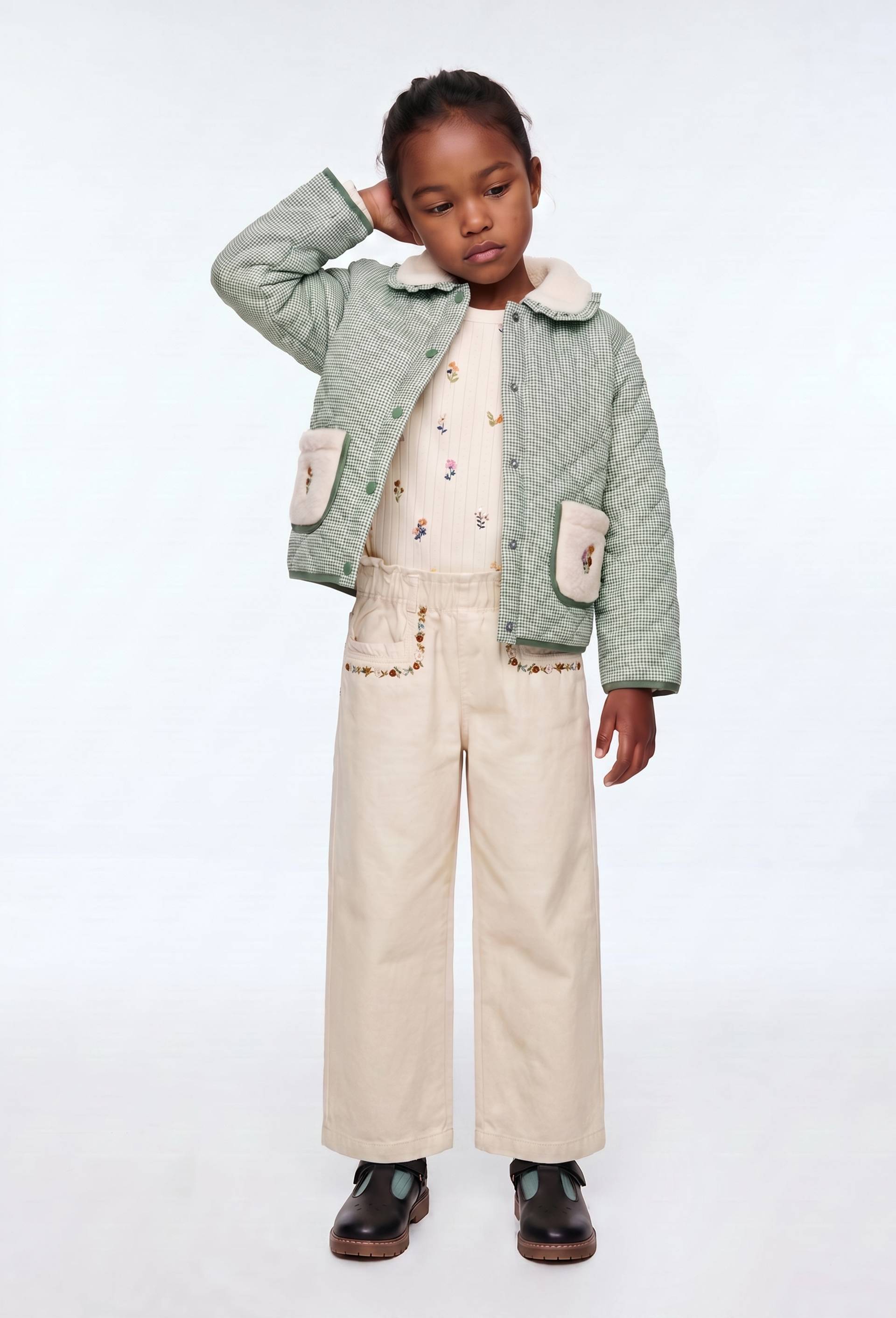 Pantalon twill d&eacute;tails de  broderies en coton, Beige clair, large image number 0