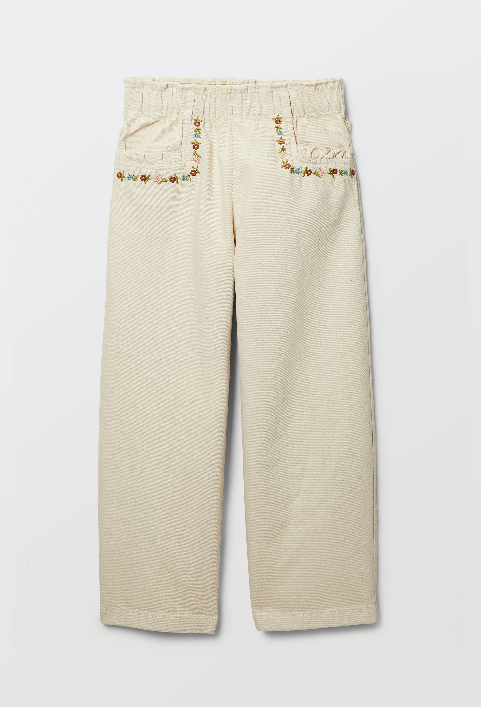 Pantalon twill d&eacute;tails de  broderies en coton, Beige clair, large image number 1.0