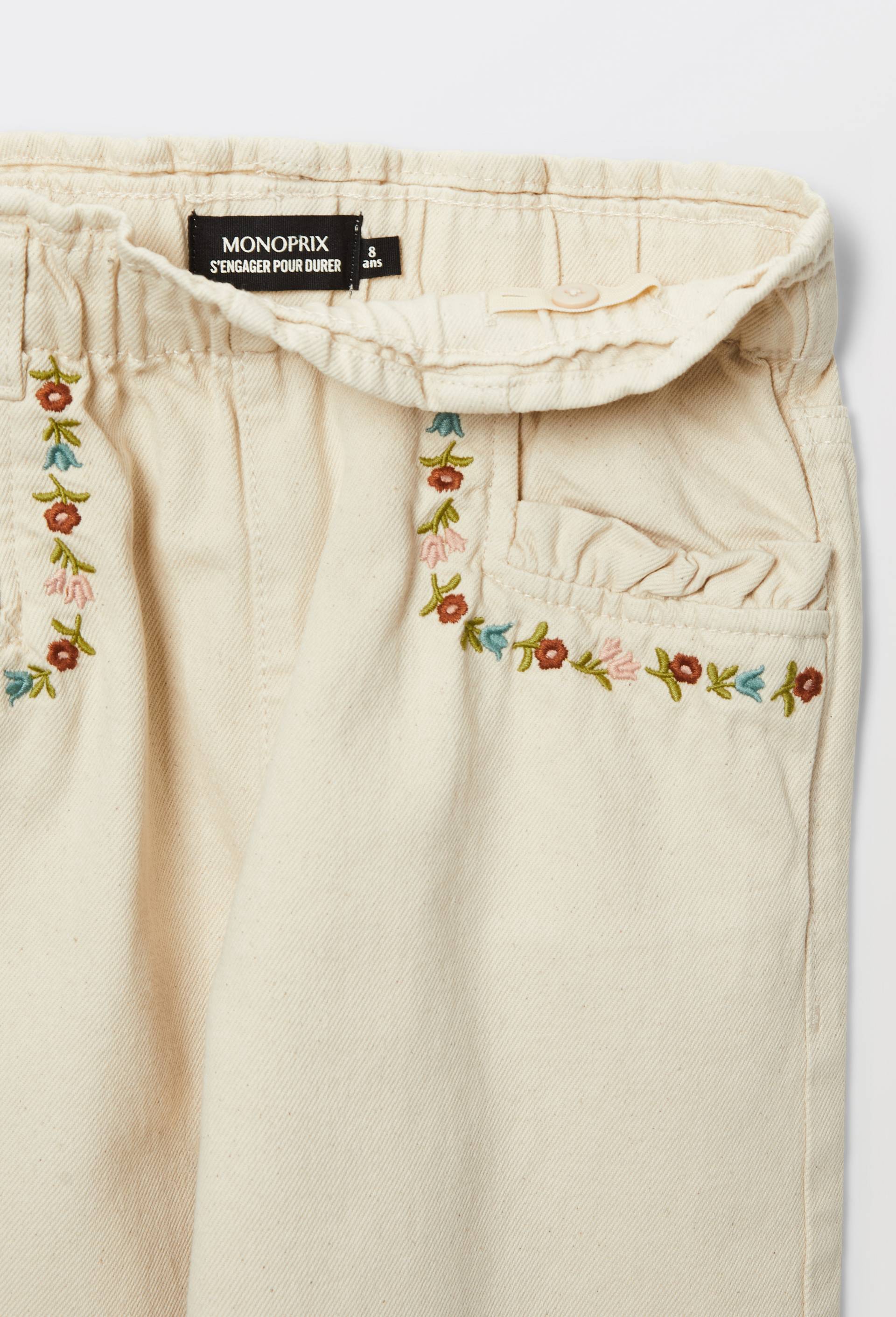 Pantalon twill d&eacute;tails de  broderies en coton, Beige clair, large image number 3