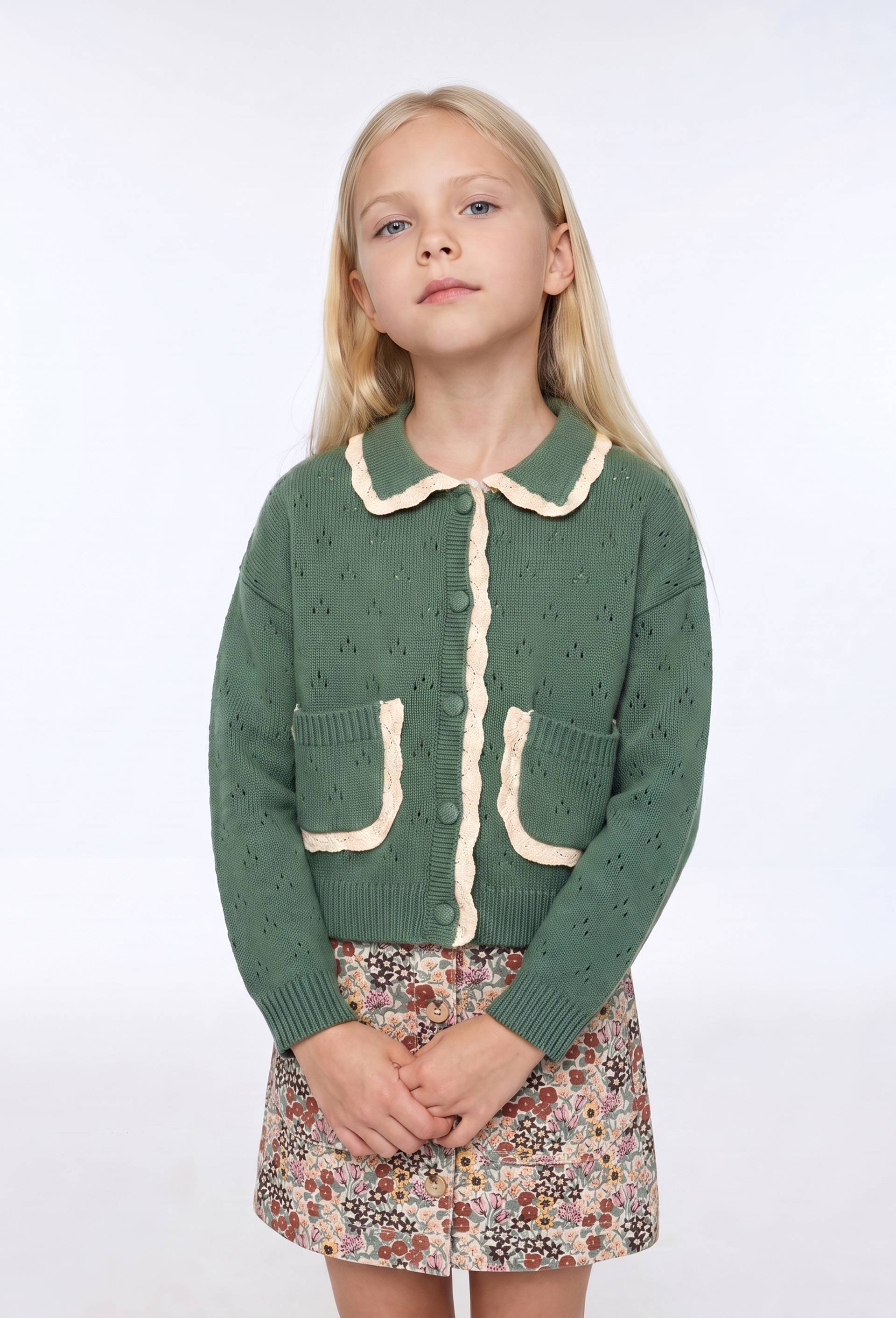 Cardigan ajour&eacute; d&eacute;tails dentelle, Vert, large image number 0.0
