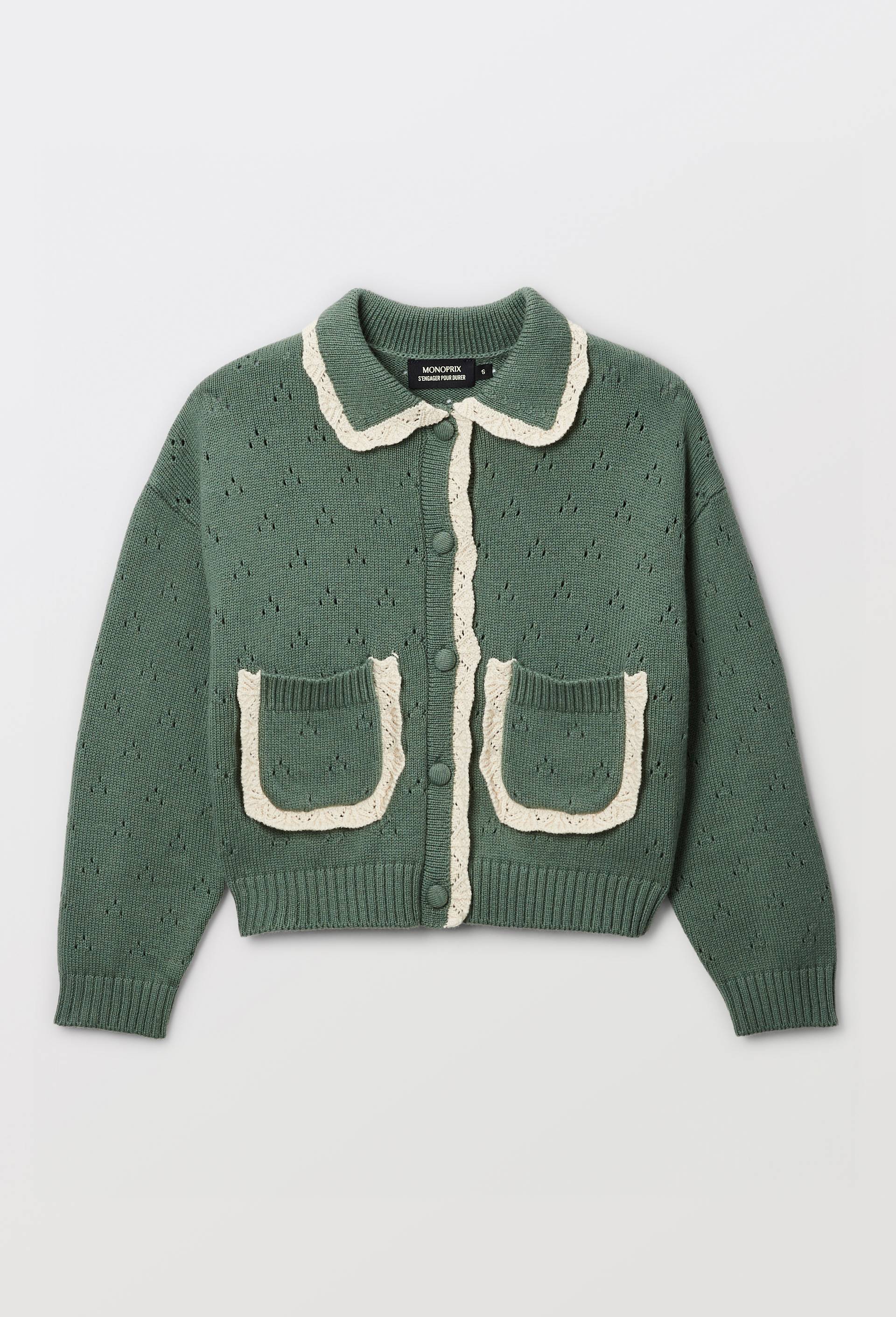 Cardigan ajour&eacute; d&eacute;tails dentelle, Vert, large image number 1