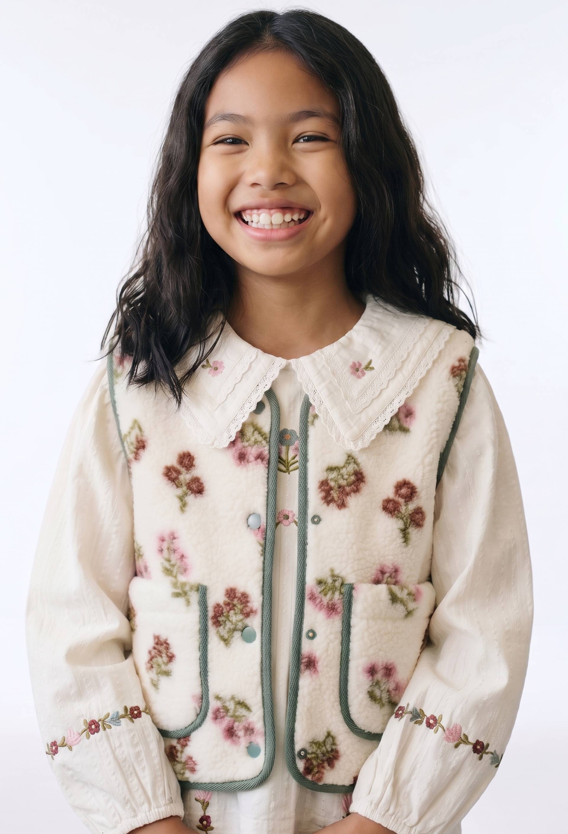 Veste sans manches sherpa motifs fleuris, Vert, large image number 0.0