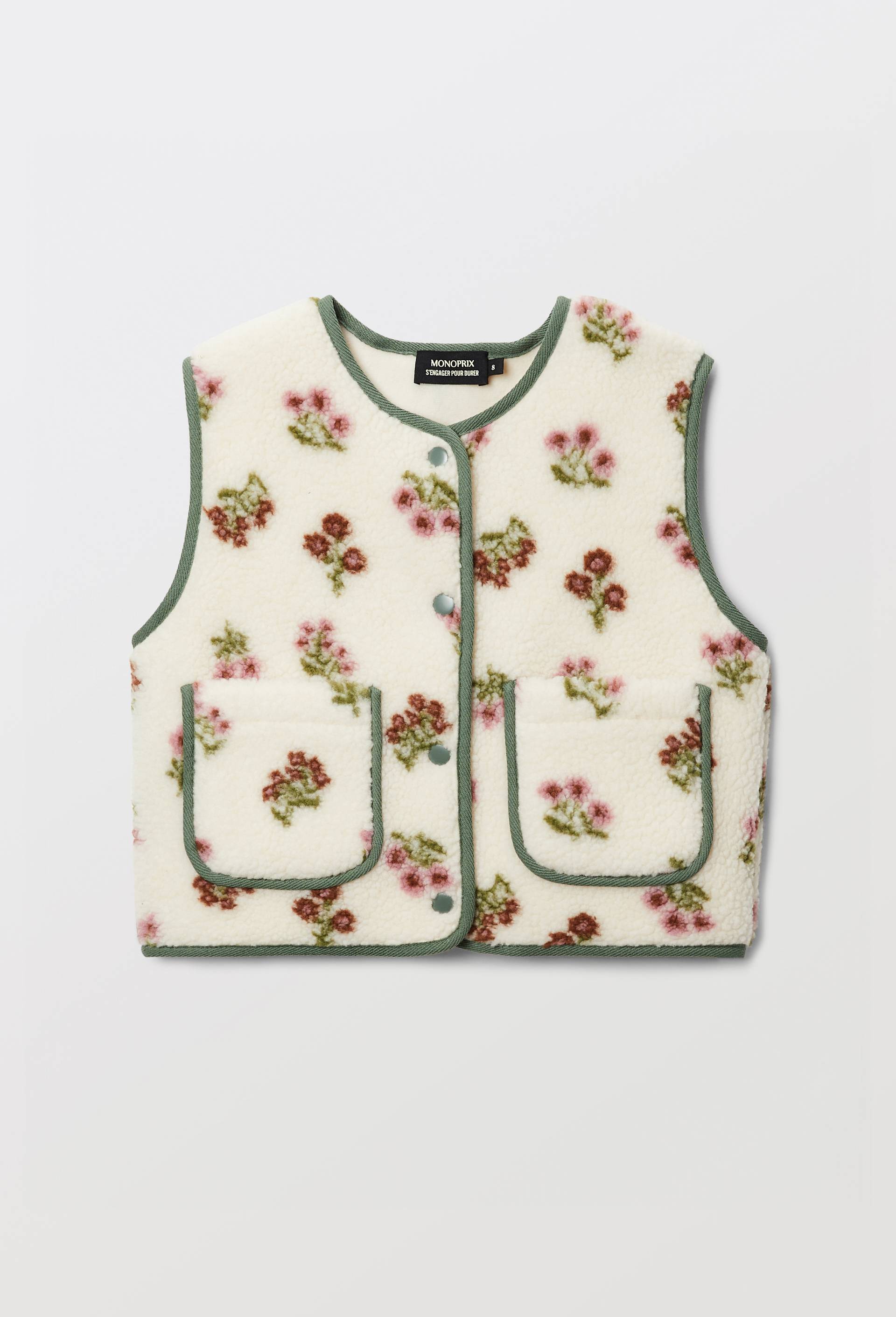 Veste sans manches sherpa motifs fleuris, Vert, large image number 2.0