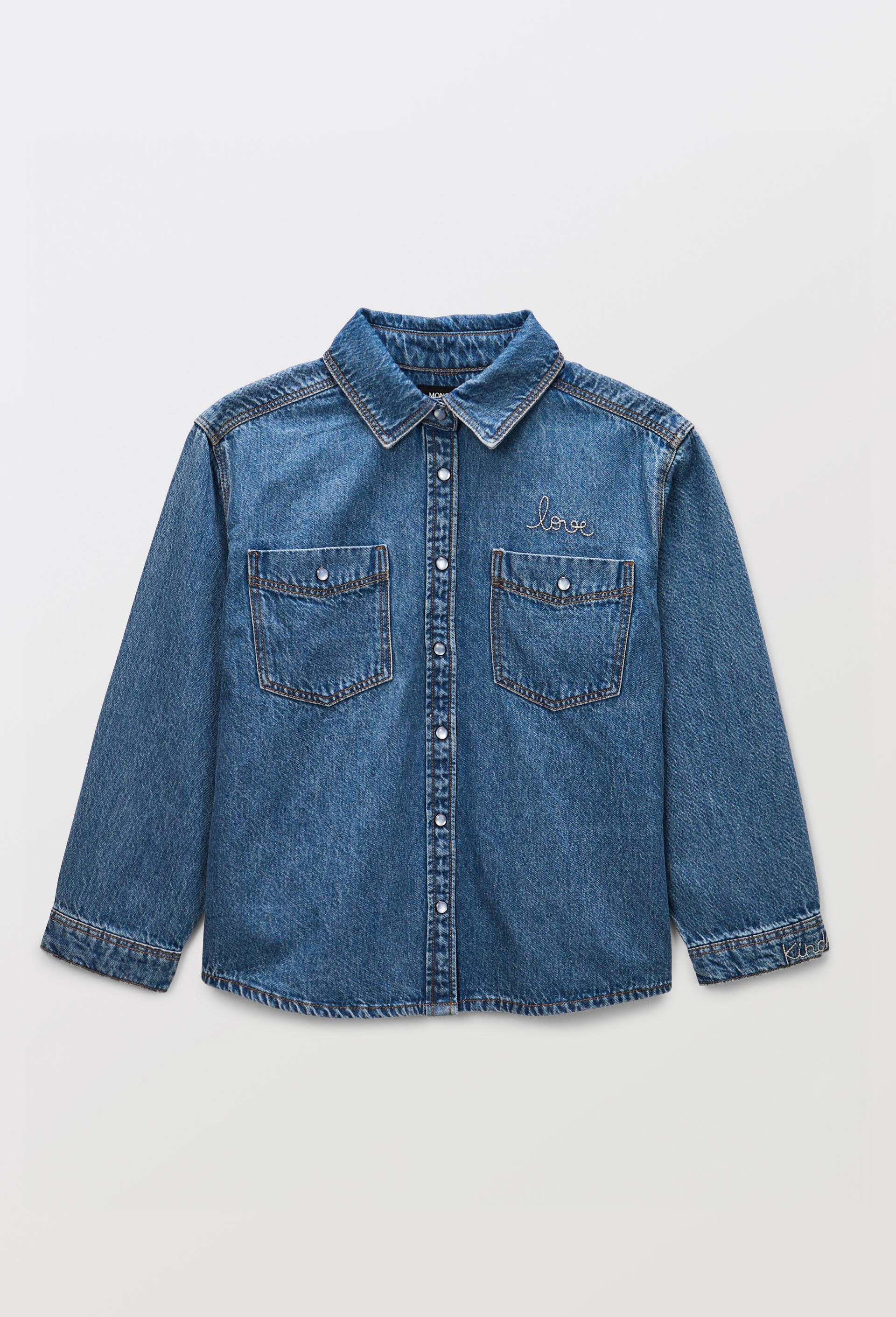 Chemise en jean avec d&eacute;tails de broderies, Bleu, large image number 1.0
