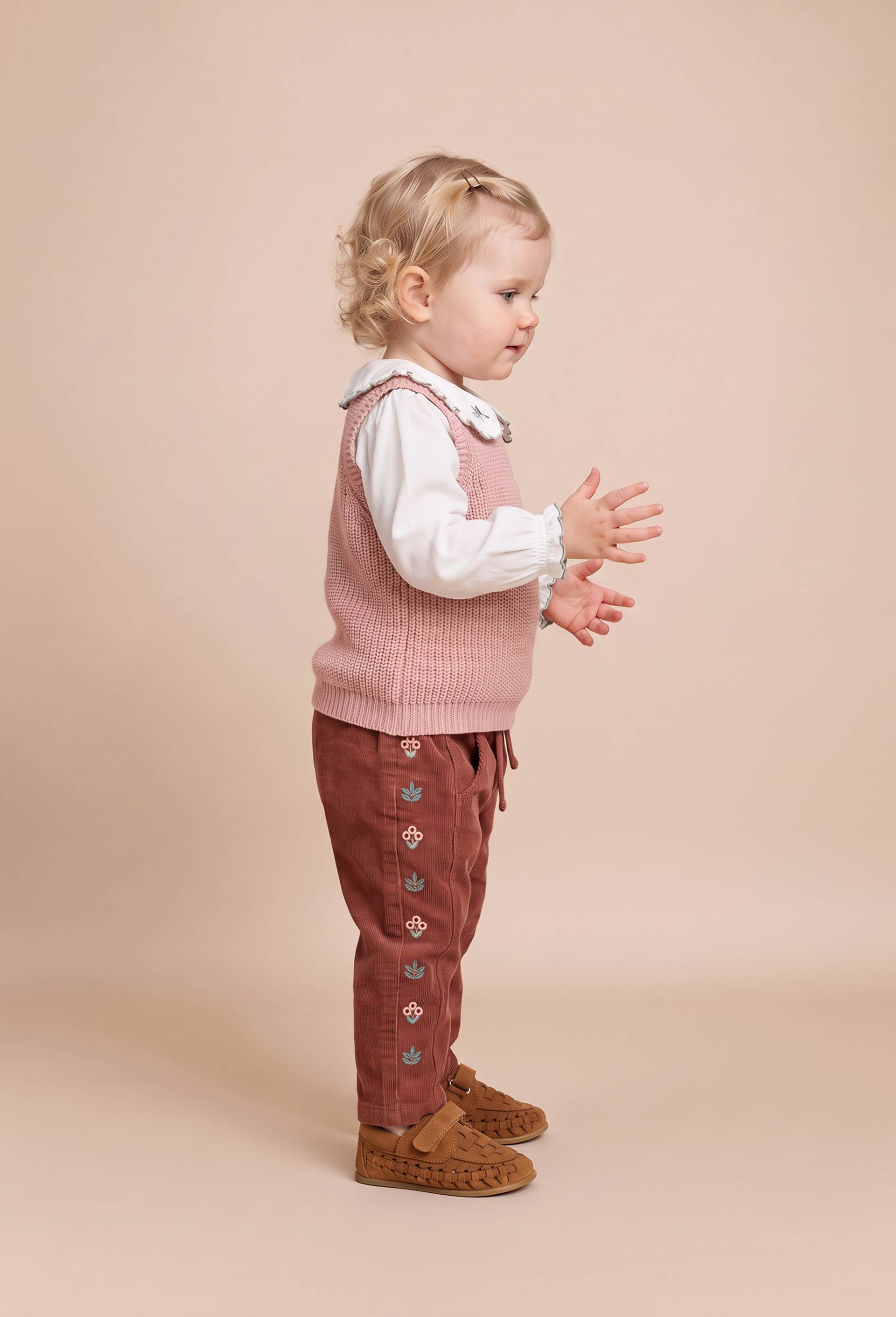 Pantalon taille &eacute;lastique en velours brod&eacute; en coton BIO GOTS, Rose fonc&eacute;, large image number 0
