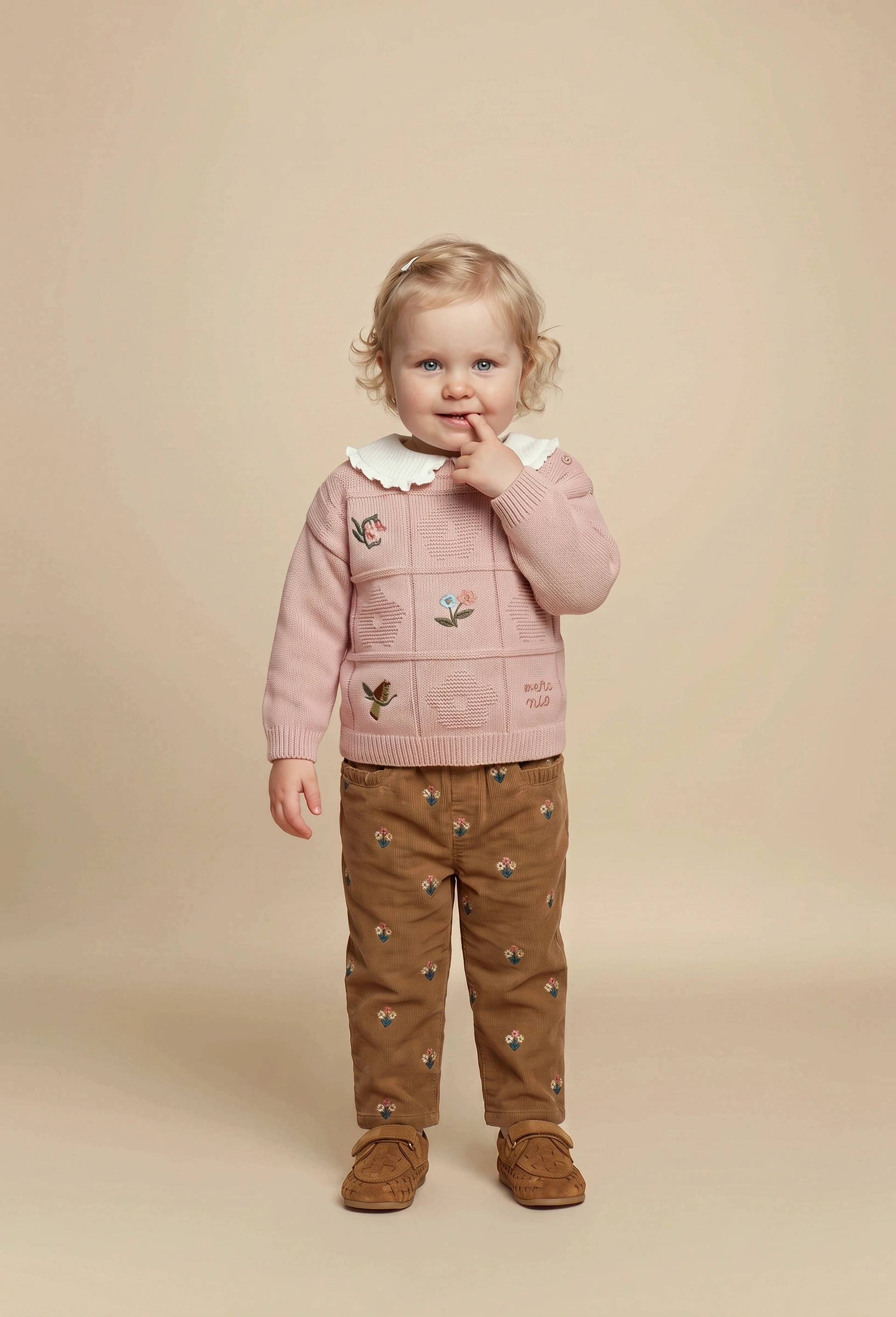 Pantalon taille &eacute;lastique en velours brod&eacute; en coton BIO GOTS, Beige, large image number 0.0