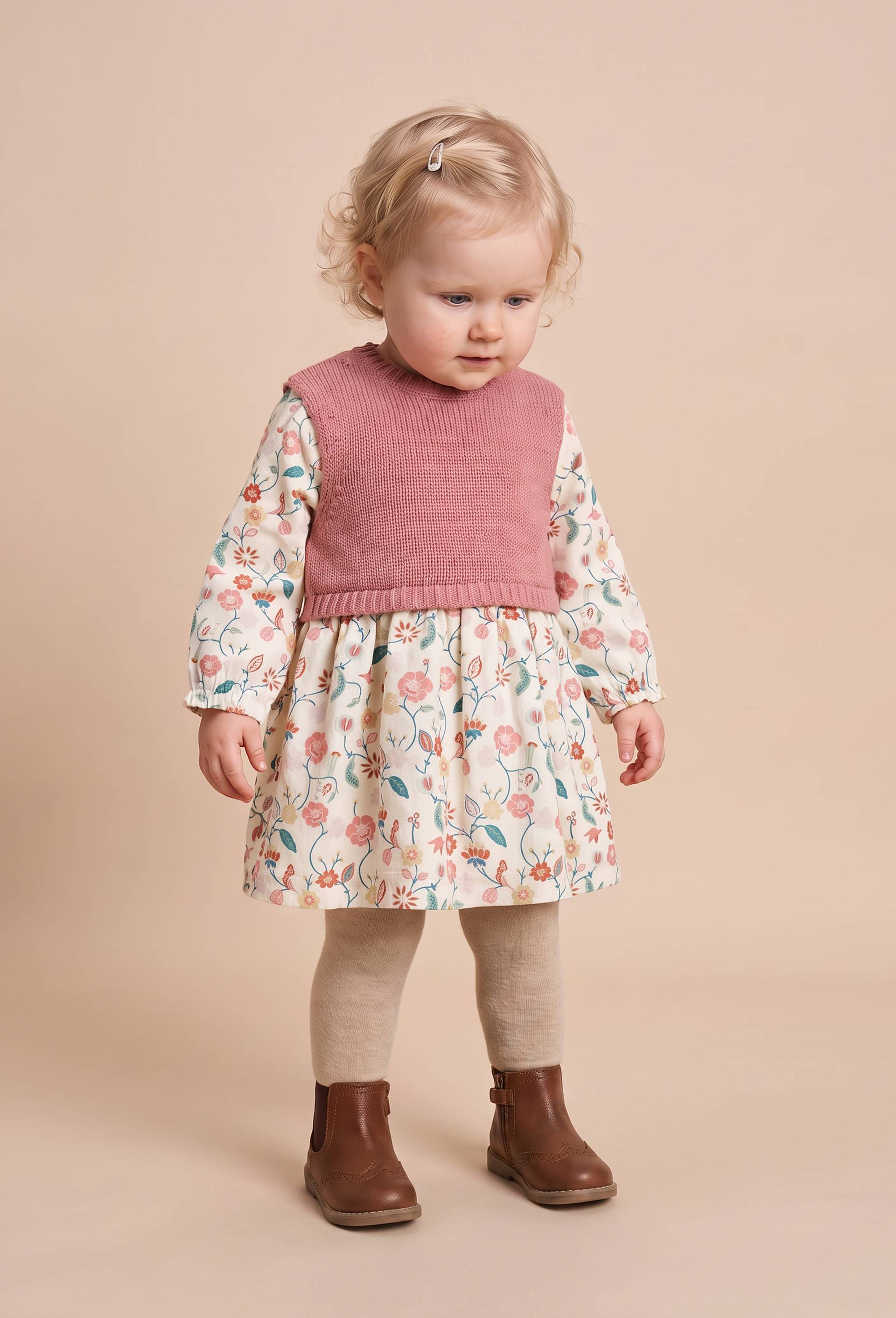 Robe bi-mati&egrave;re unie et imprim&eacute;e doubl&eacute;e contenant du coton, Beige clair, large image number 2